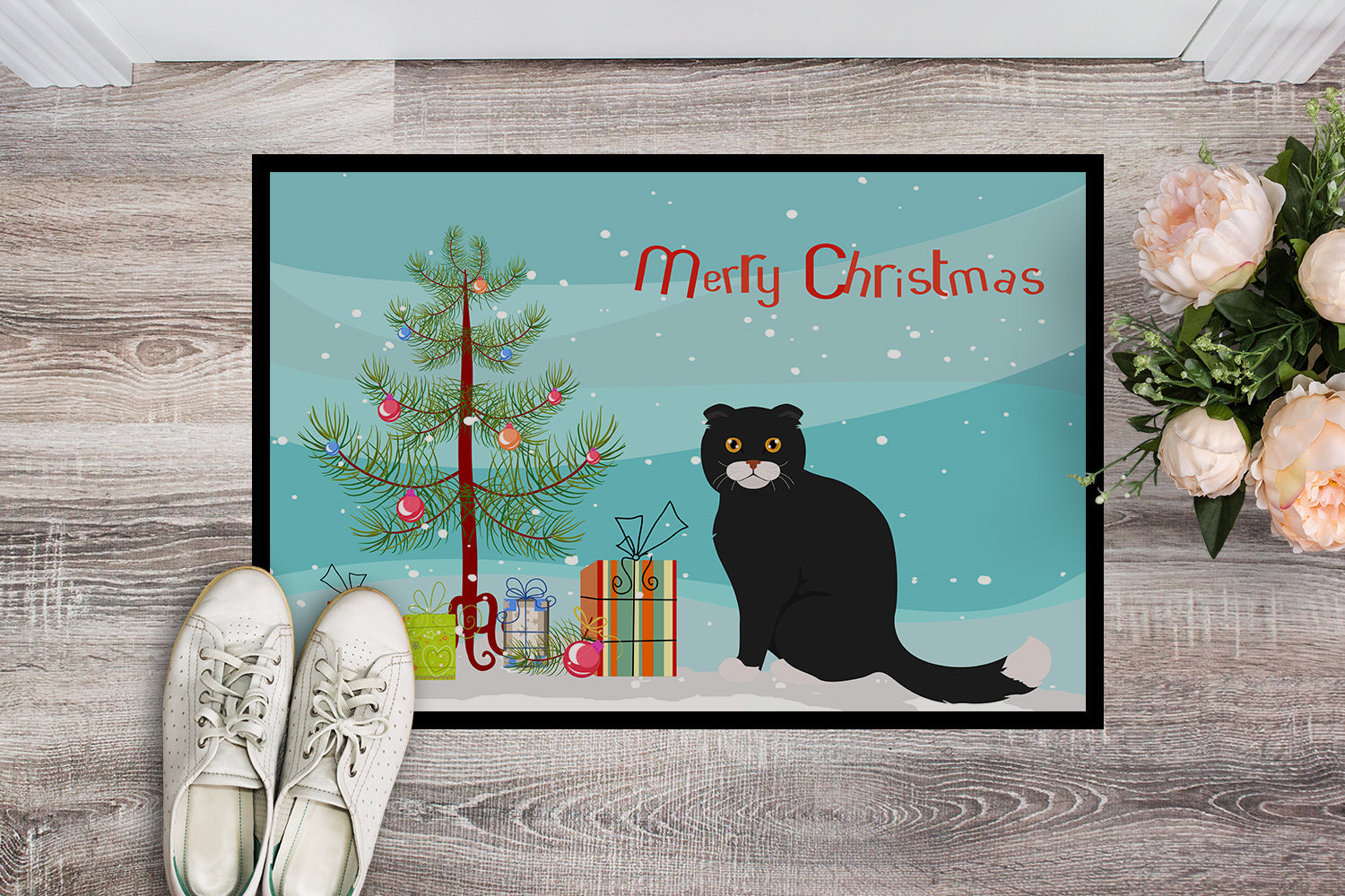 Foldex Exotic Fold Cat Christmas Doormat Indoor Outdoor 24H X 36W Front Door Mat Rugs for Entryway, Non Slip Washable Low Pile,