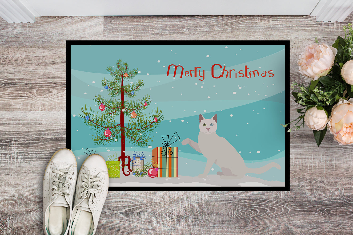 Khao Manee Cat Christmas Doormat Indoor Outdoor 18H X 27W Front Door Mat Rugs for Entryway, Non Slip Washable