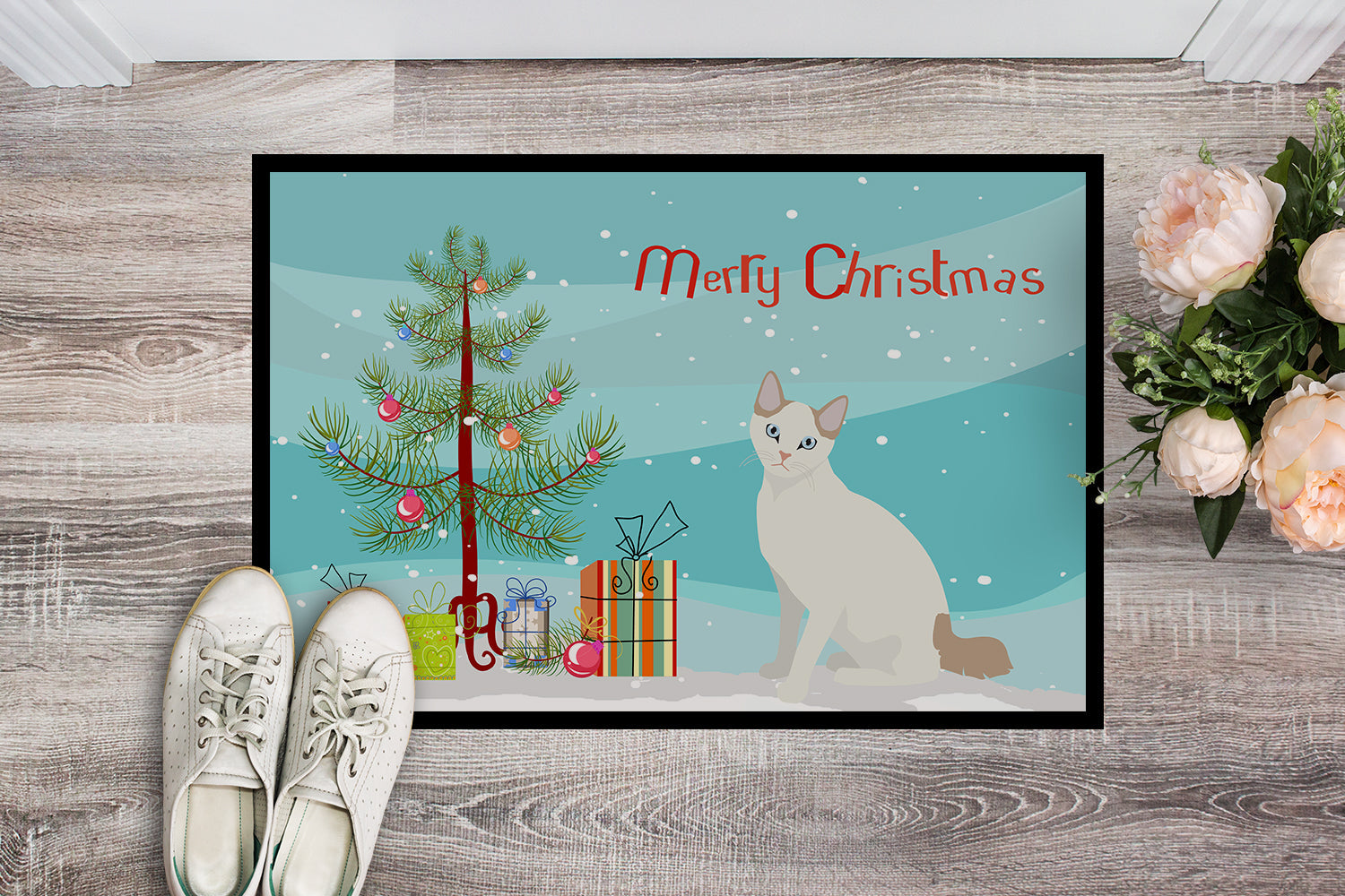 Korean Bobtail Cat Christmas Doormat Indoor Outdoor 24H X 36W Front Door Mat Rugs for Entryway, Non Slip Washable Low Pile,
