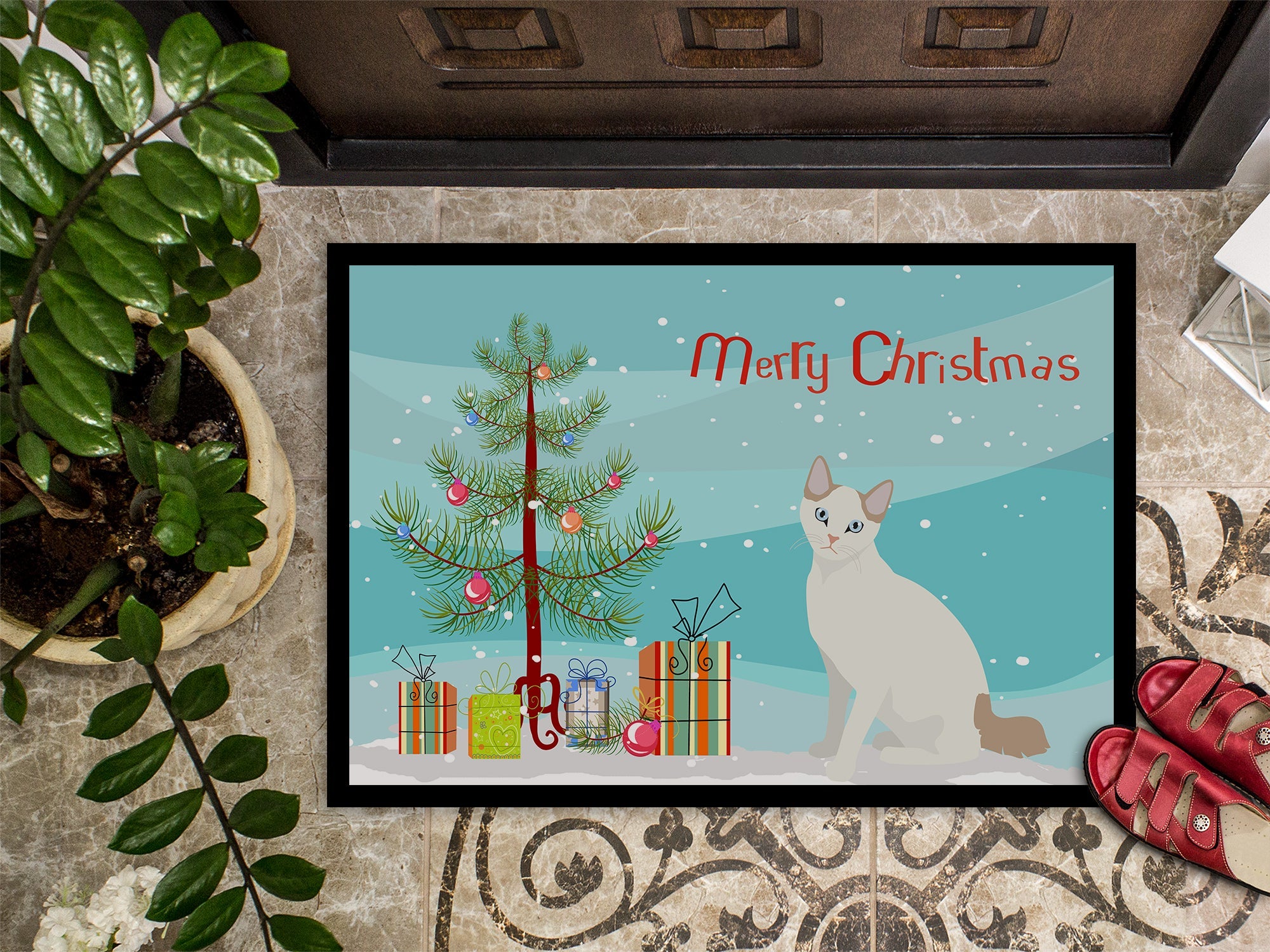 Korean Bobtail Cat Christmas Doormat Indoor Outdoor 24H X 36W Front Door Mat Rugs for Entryway, Non Slip Washable Low Pile,