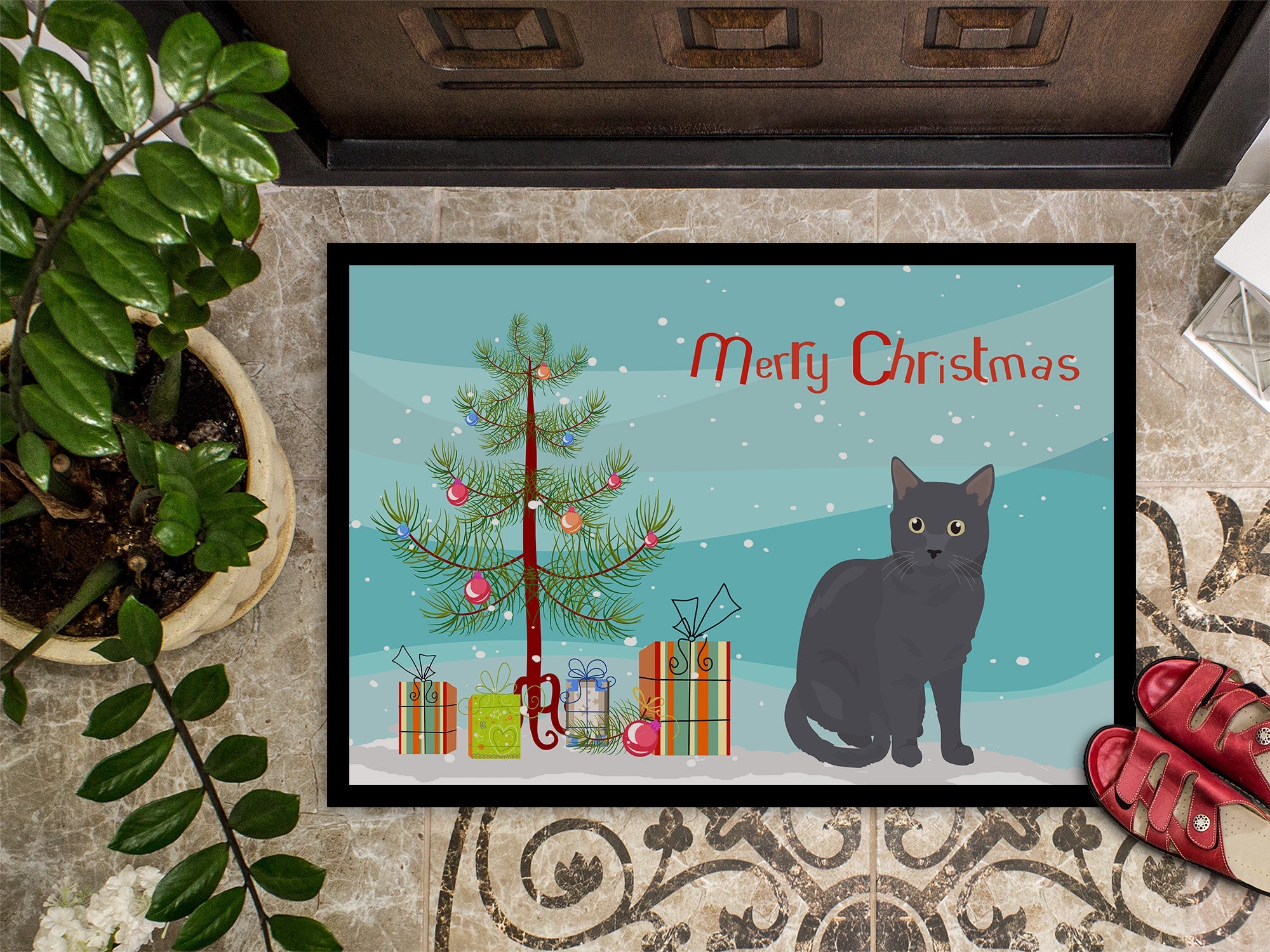 Nebelung Cat Christmas Doormat Indoor Outdoor 18H X 27W Front Door Mat Rugs for Entryway, Non Slip Washable