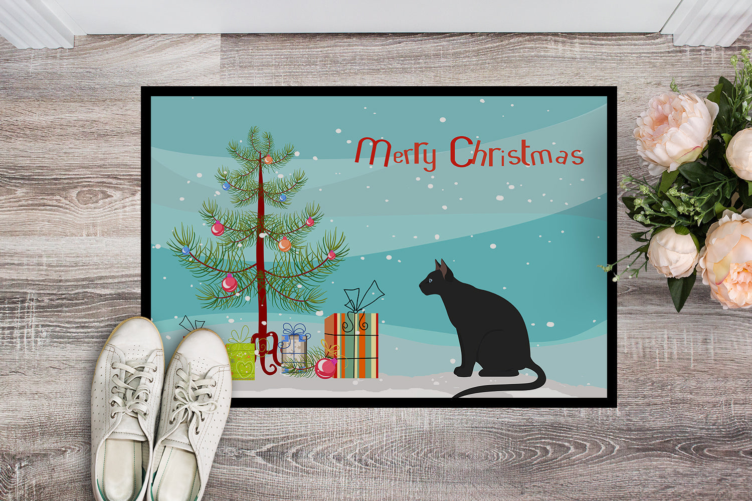 Ojos Azules Cat Christmas Doormat Indoor Outdoor 18H X 27W Front Door Mat Rugs for Entryway, Non Slip Washable