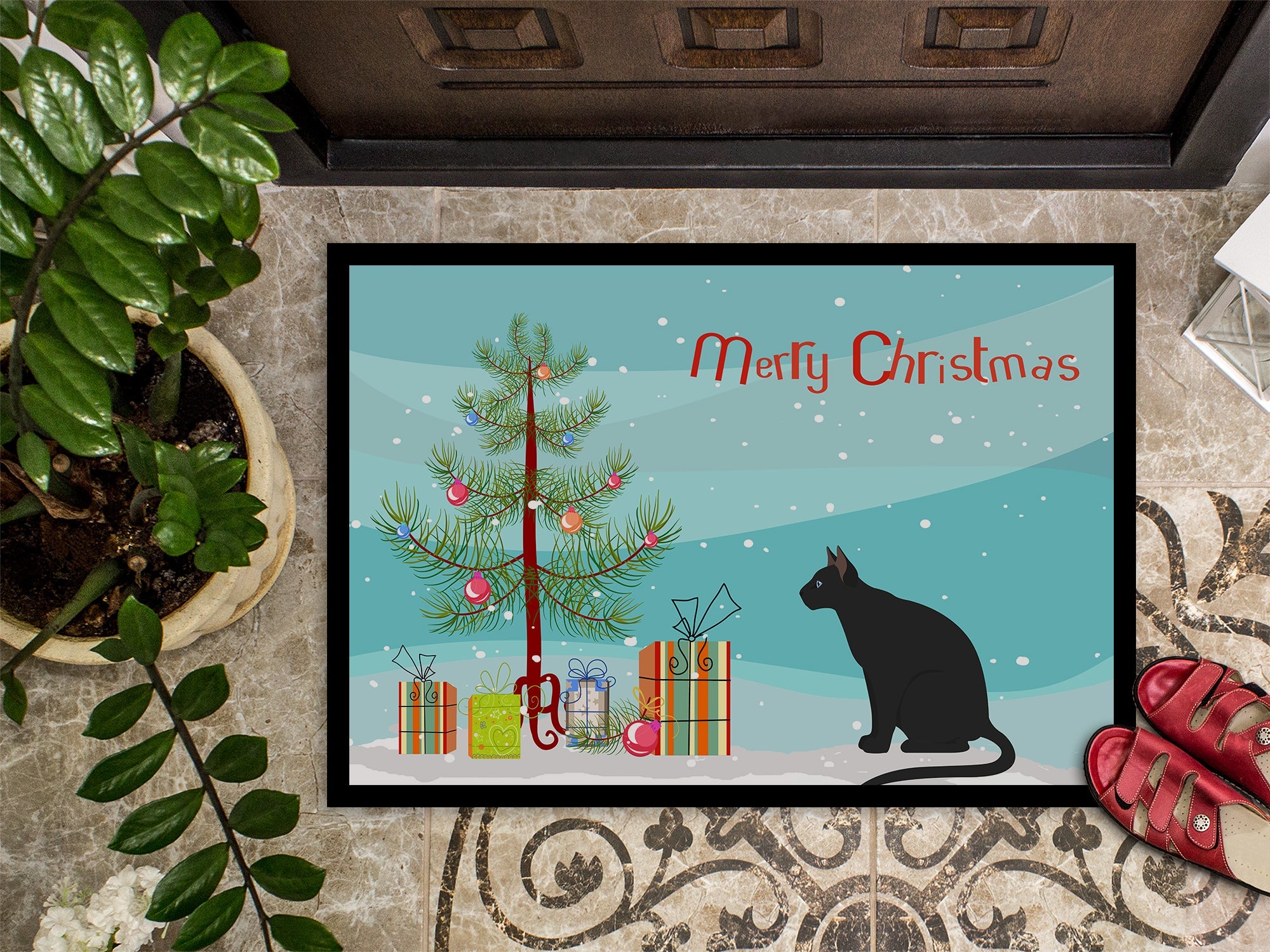 Ojos Azules Cat Christmas Doormat Indoor Outdoor 18H X 27W Front Door Mat Rugs for Entryway, Non Slip Washable