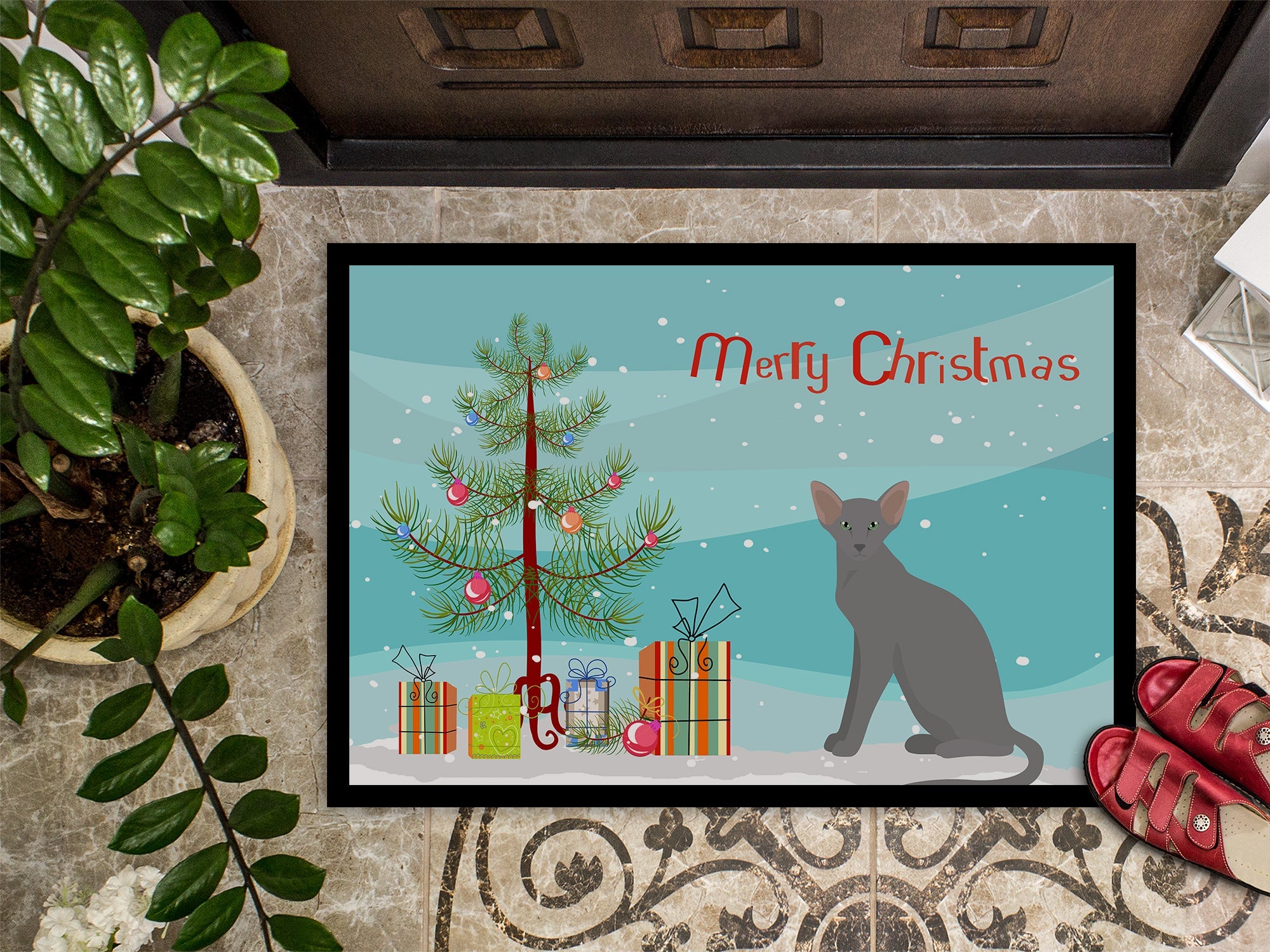 Oriental Shorthair Cat Christmas Doormat Indoor Outdoor 18H X 27W Front Door Mat Rugs for Entryway, Non Slip Washable
