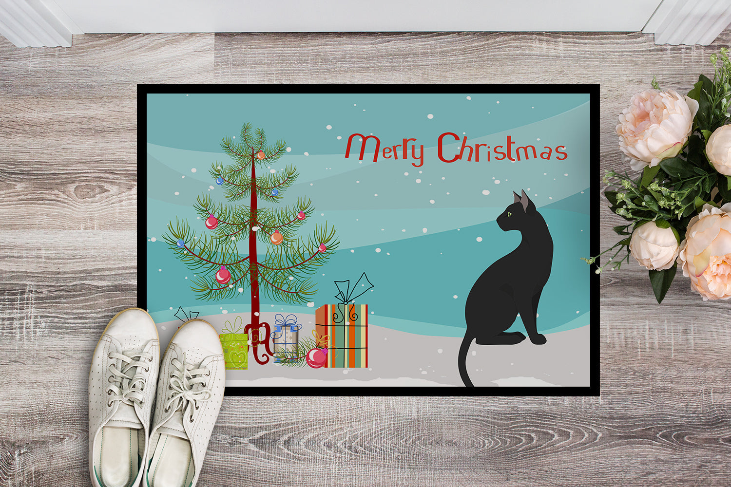 Pantherette Cat Christmas Doormat Indoor Outdoor 18H X 27W Front Door Mat Rugs for Entryway, Non Slip Washable