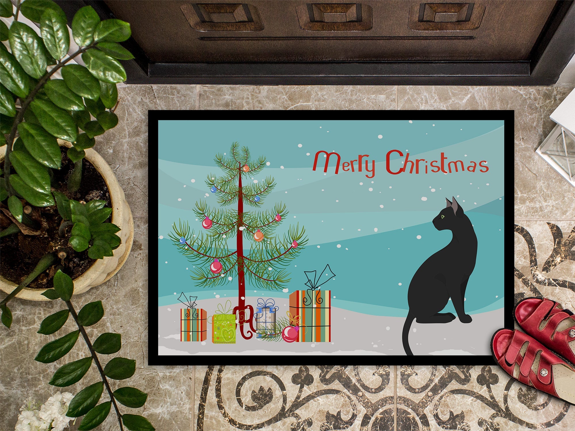 Pantherette Cat Christmas Doormat Indoor Outdoor 18H X 27W Front Door Mat Rugs for Entryway, Non Slip Washable