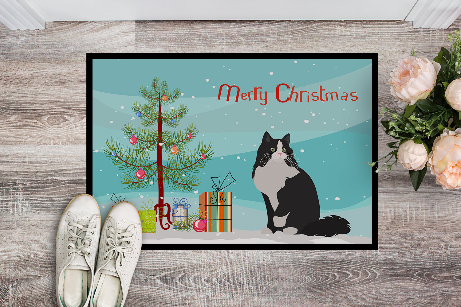 Ragamuffin Cat  Christmas Doormat Indoor Outdoor 18H X 27W Front Door Mat Rugs for Entryway, Non Slip Washable