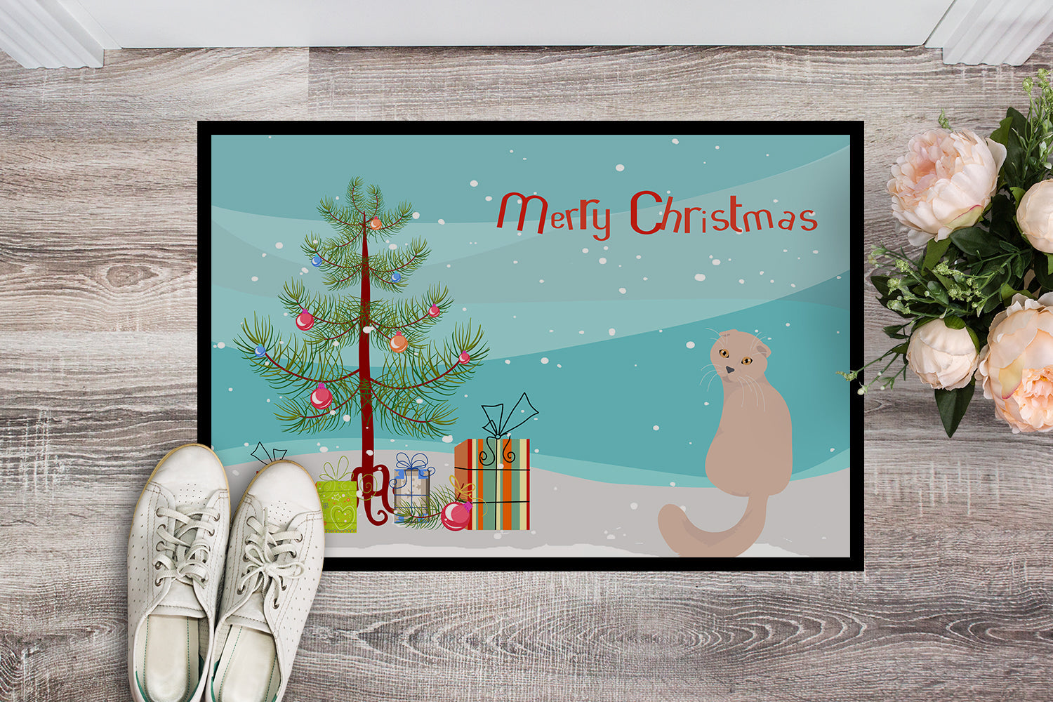 Scottish Fold Cat Christmas Doormat Indoor Outdoor 24H X 36W Front Door Mat Rugs for Entryway, Non Slip Washable Low Pile,