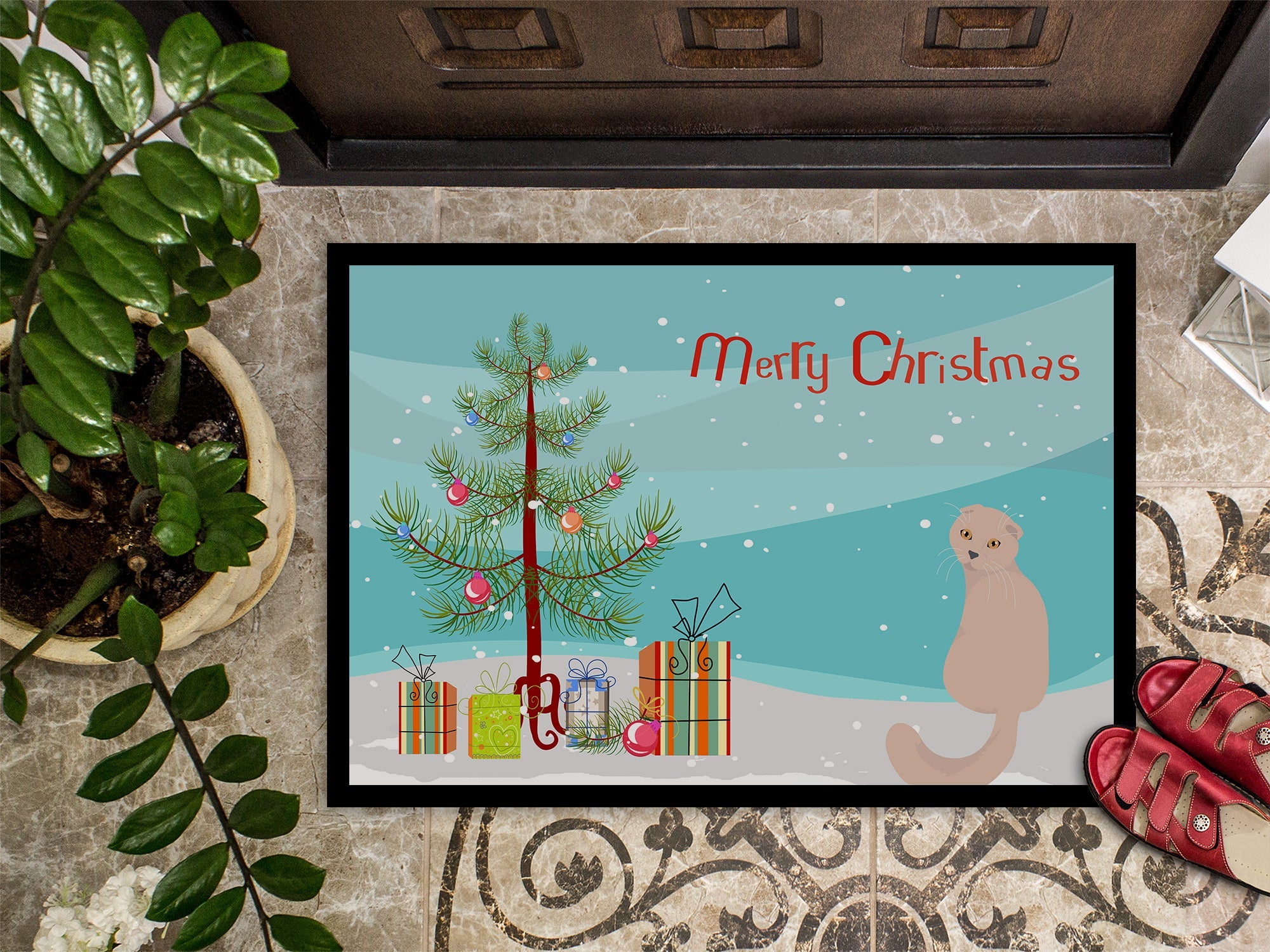 Scottish Fold Cat Christmas Doormat Indoor Outdoor 24H X 36W Front Door Mat Rugs for Entryway, Non Slip Washable Low Pile,