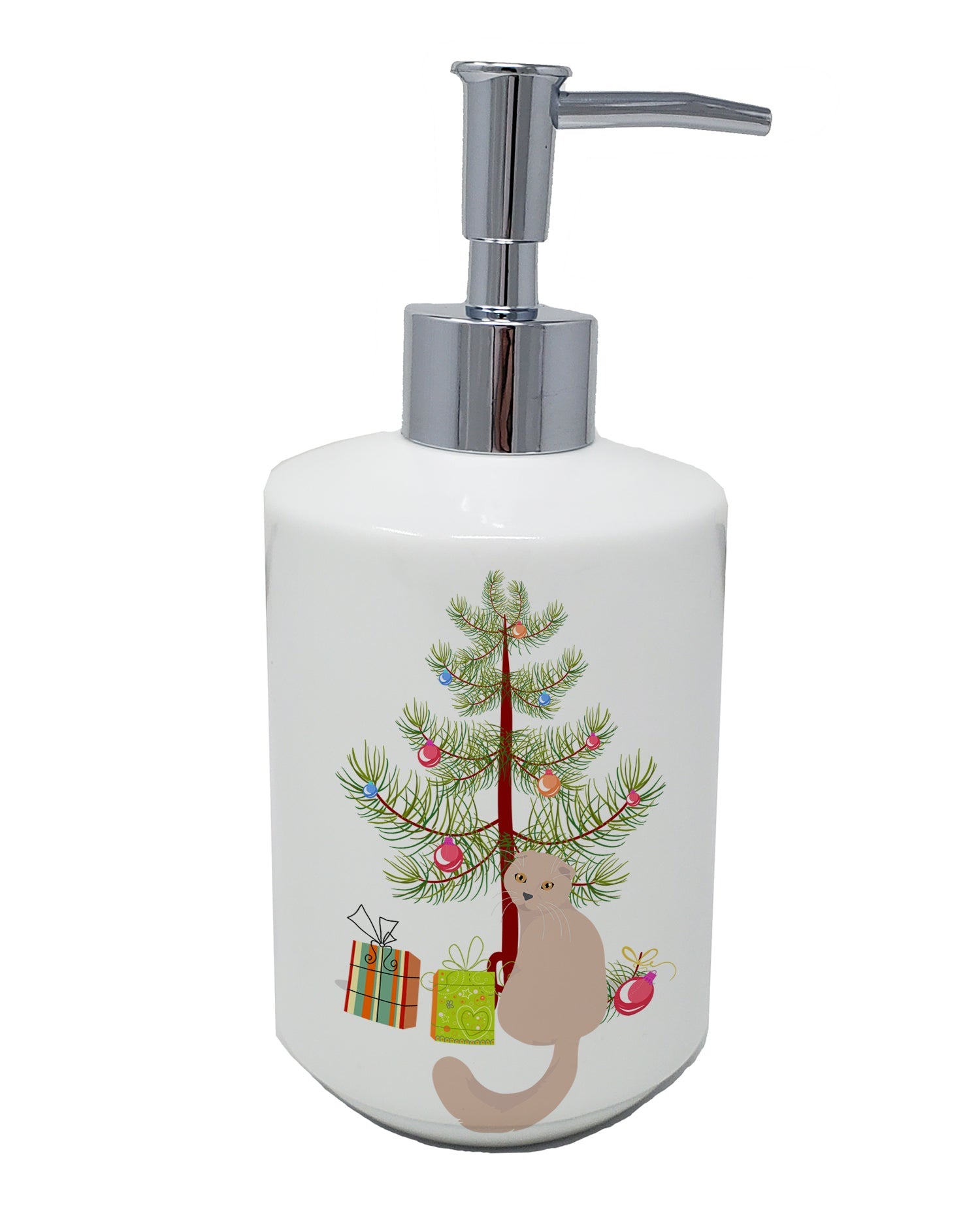 Scottish Fold Cat Christmas Ceramic Soap Dispenser , Empty Refillable Hand Soap Pump Bottle for Bathroom Kitchen