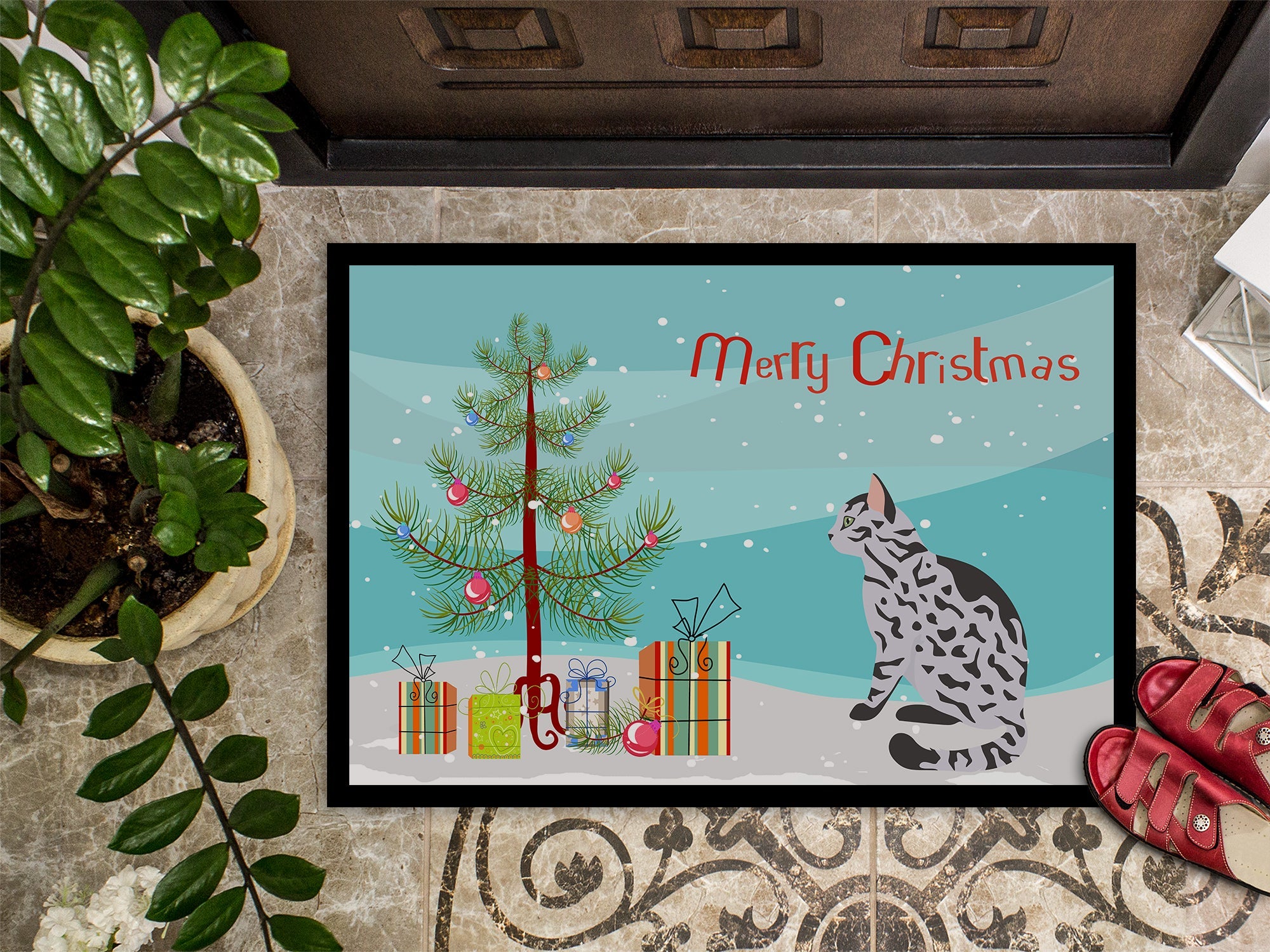Serengeti Cat Christmas Doormat Indoor Outdoor 18H X 27W Front Door Mat Rugs for Entryway, Non Slip Washable