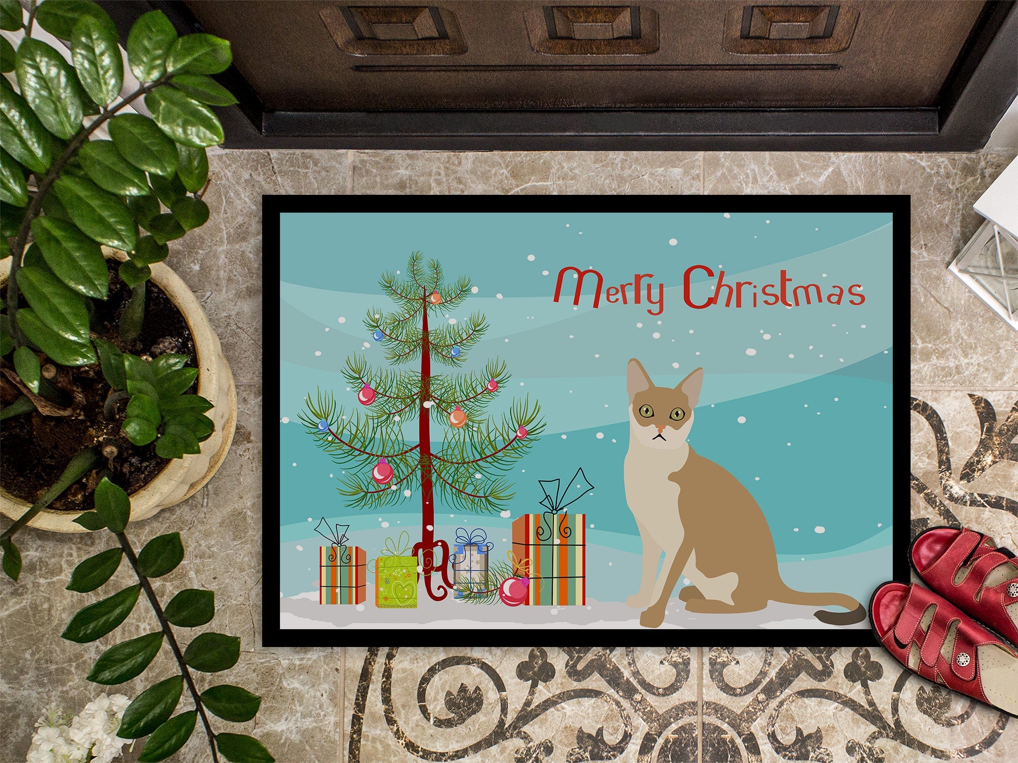 Singapura Cat Christmas Doormat Indoor Outdoor 24H X 36W Front Door Mat Rugs for Entryway, Non Slip Washable Low Pile,