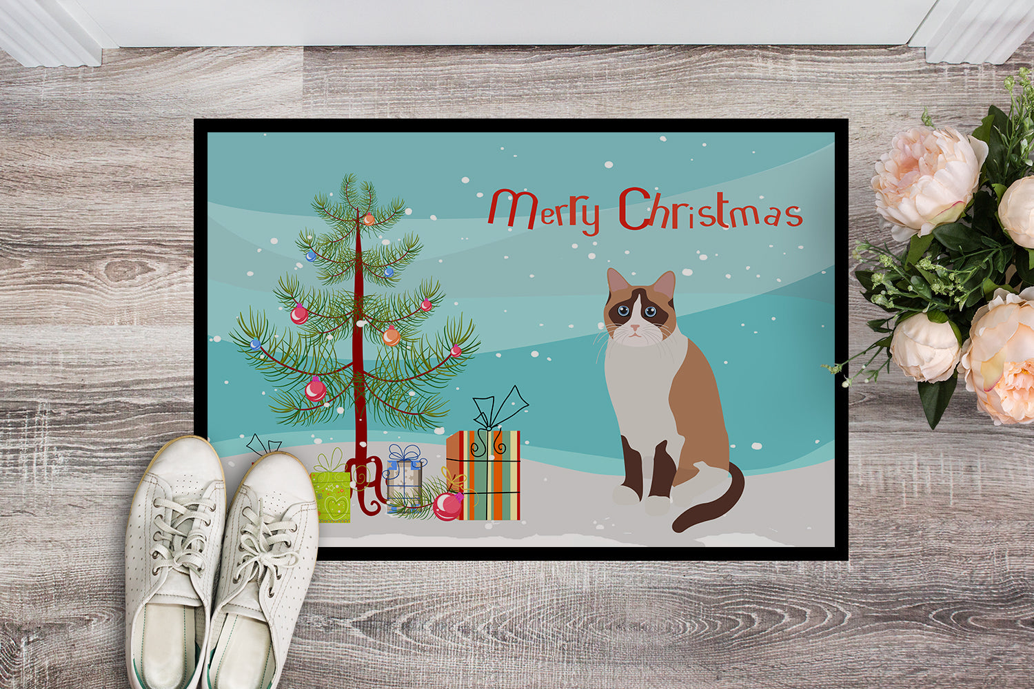 Snowshoe Cat Christmas Doormat Indoor Outdoor 24H X 36W Front Door Mat Rugs for Entryway, Non Slip Washable Low Pile,