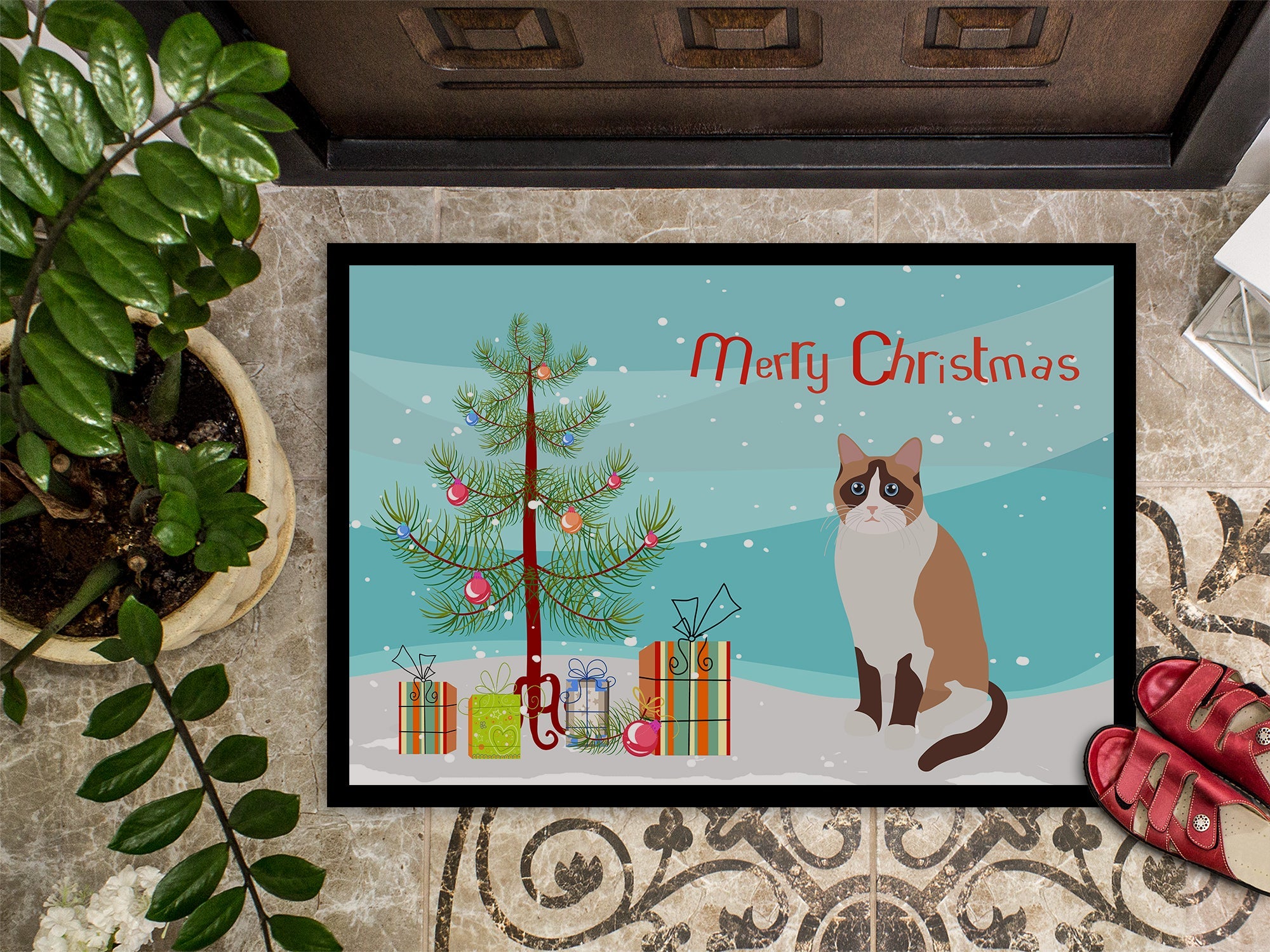 Snowshoe Cat Christmas Doormat Indoor Outdoor 18H X 27W Front Door Mat Rugs for Entryway, Non Slip Washable