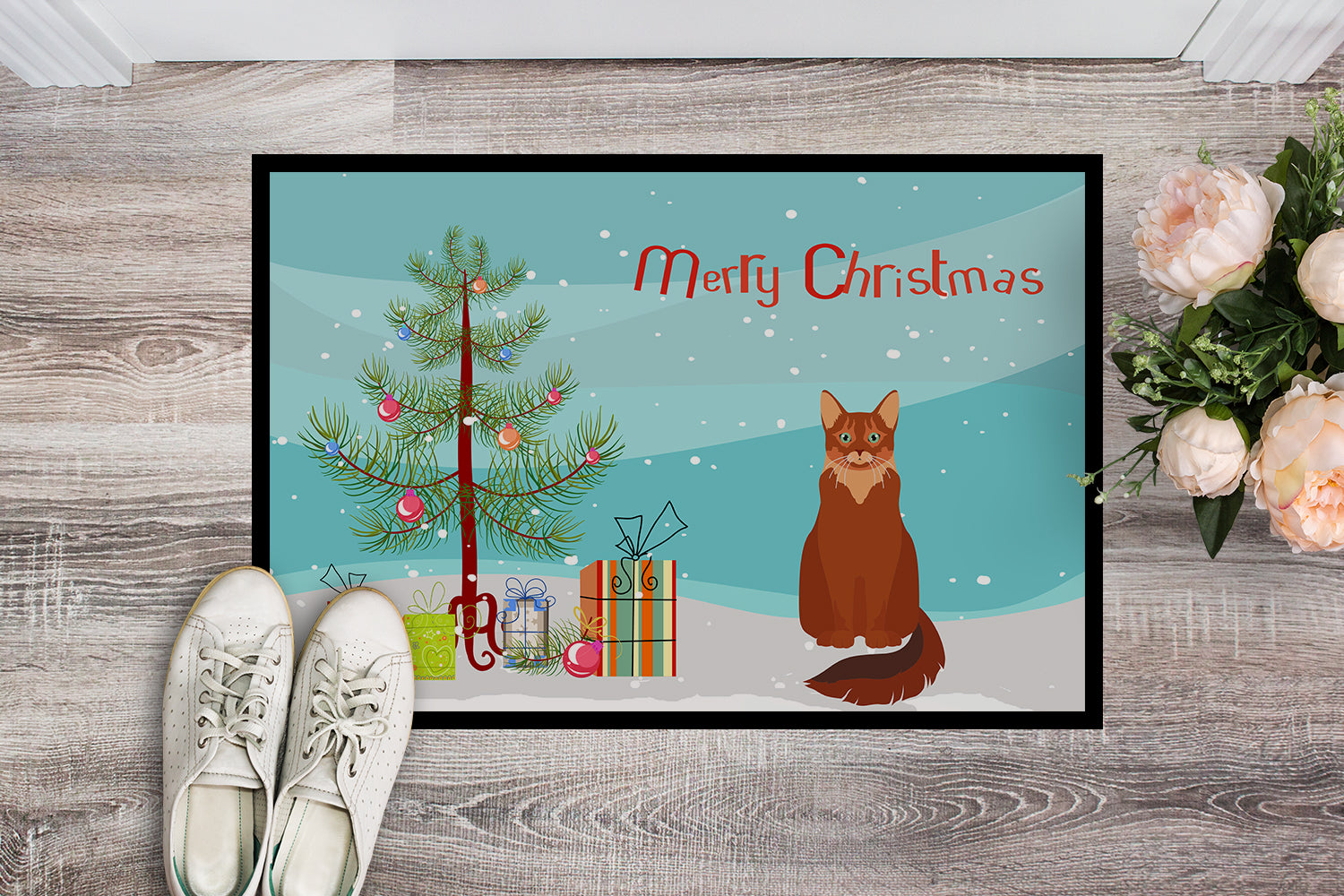 Somali Cat Christmas Doormat Indoor Outdoor 18H X 27W Front Door Mat Rugs for Entryway, Non Slip Washable