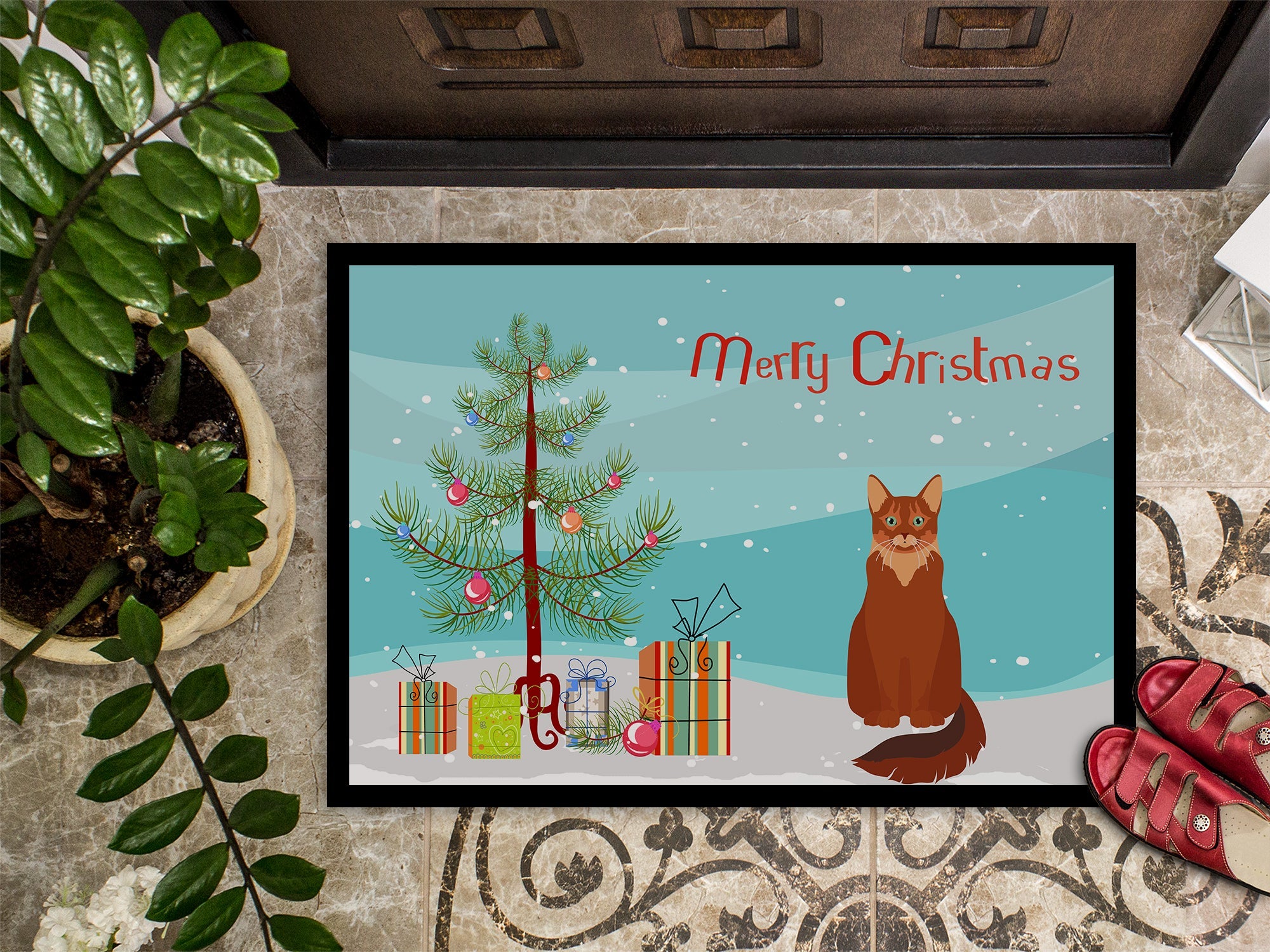 Somali Cat Christmas Doormat Indoor Outdoor 18H X 27W Front Door Mat Rugs for Entryway, Non Slip Washable