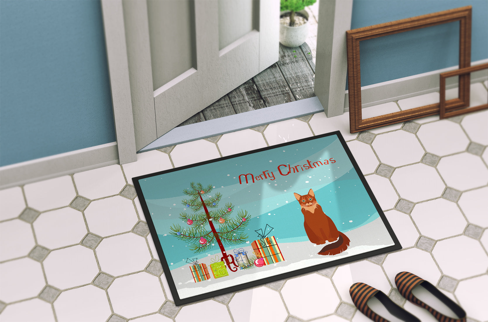 Somali Cat Christmas Doormat Indoor Outdoor 18H X 27W Front Door Mat Rugs for Entryway, Non Slip Washable
