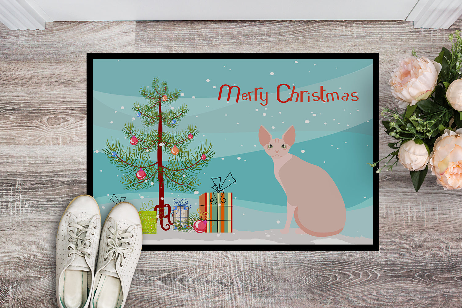 Sphynx Cat Christmas Doormat Indoor Outdoor 18H X 27W Front Door Mat Rugs for Entryway, Non Slip Washable
