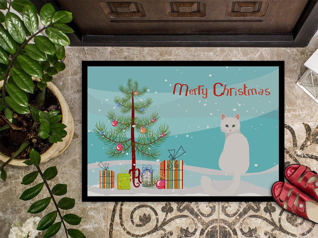Turkish Angora Cat Christmas Doormat Indoor Outdoor 18H X 27W Front Door Mat Rugs for Entryway, Non Slip Washable