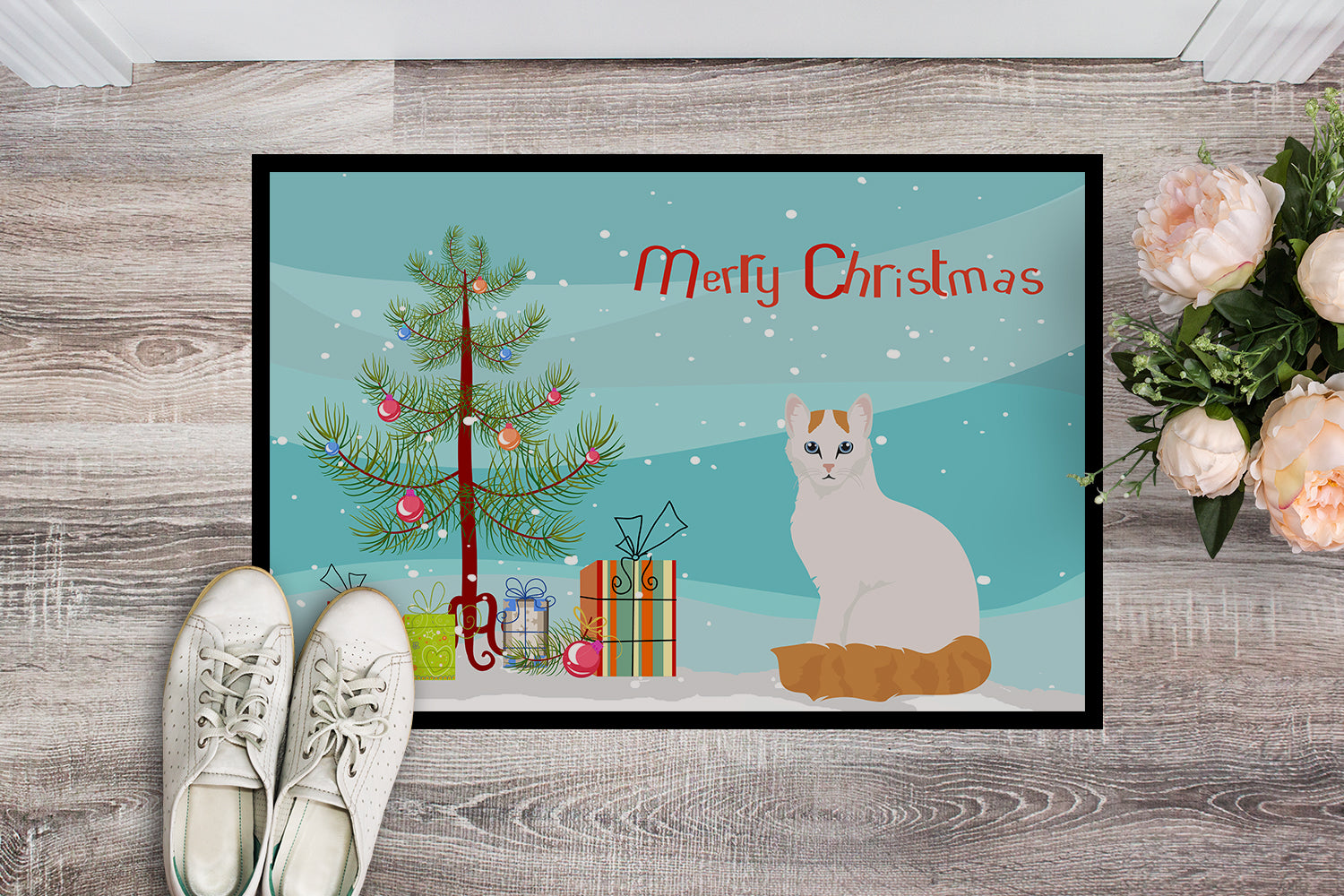 Turkish Van Cat Christmas Doormat Indoor Outdoor 24H X 36W Front Door Mat Rugs for Entryway, Non Slip Washable Low Pile,