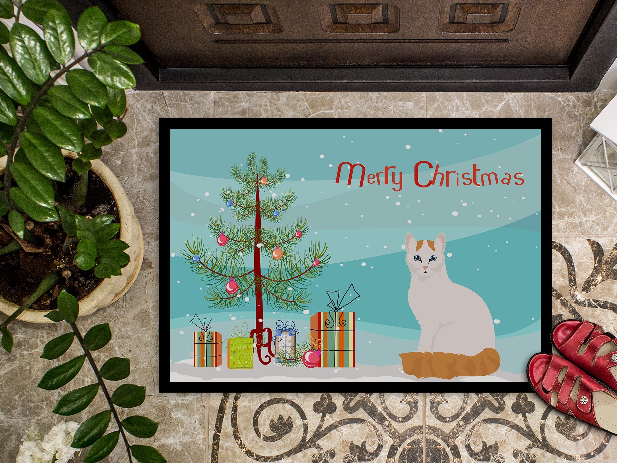 Turkish Van Cat Christmas Doormat Indoor Outdoor 24H X 36W Front Door Mat Rugs for Entryway, Non Slip Washable Low Pile,