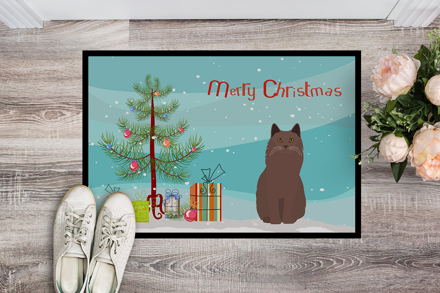 York Chocolate Cat Christmas Doormat Indoor Outdoor 24H X 36W Front Door Mat Rugs for Entryway, Non Slip Washable Low Pile,