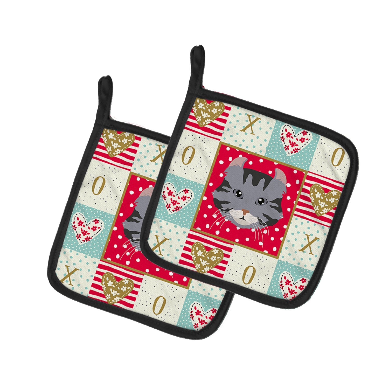 American Curl Cat Love Pot Holder Set of 2 Heat Resistant Quilted Hot Pads 7.5 x 7.5 Inch, Insulated Kitchen Trivets for Cooking & Baking