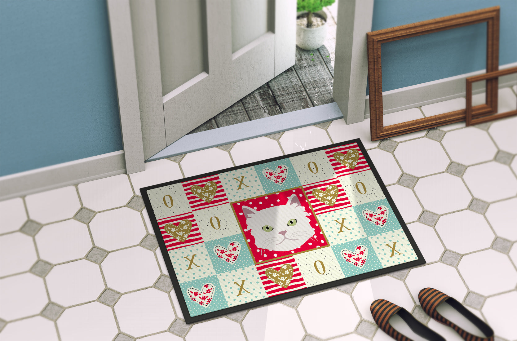 Asian Semi Longhaired Cat Love Doormat Indoor Outdoor 24H X 36W Front Door Mat Rugs for Entryway, Non Slip Washable Low Pile,