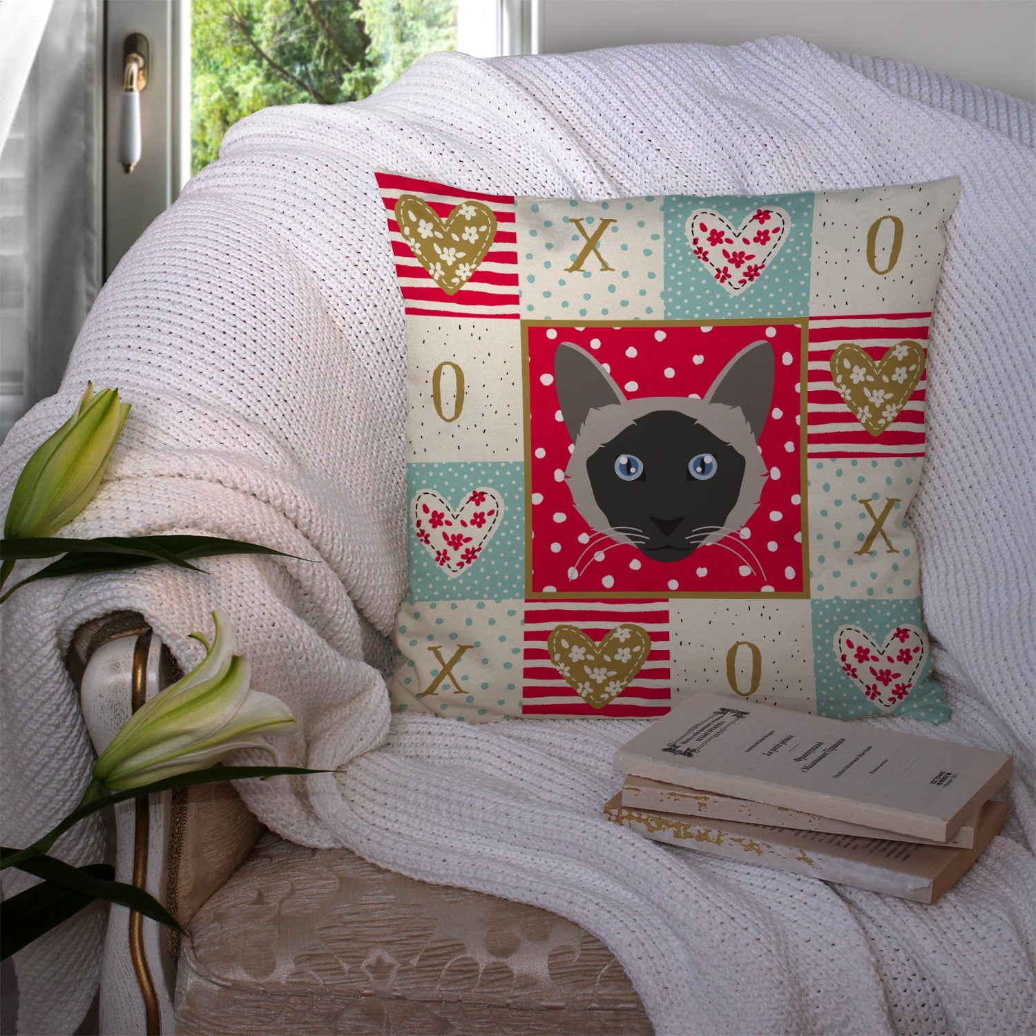 Balinese Cat Love Decorative Throw Pillow 14x14 Indoor Outdoor Accent Cushion, Fabric Cover with Insert for Sofa, Bed, Porch & Living Room