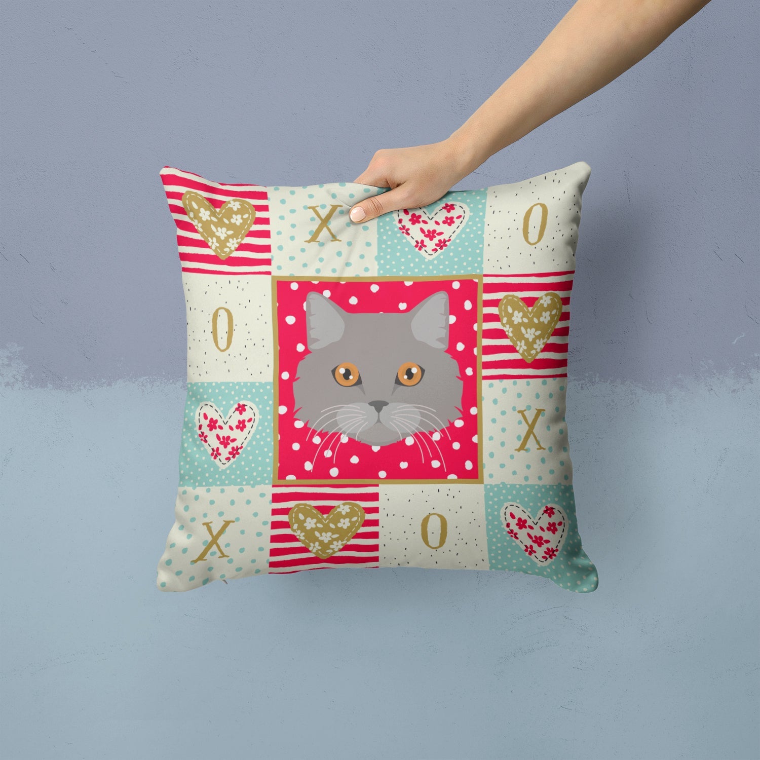 Brazilian Longhair Cat Love Decorative Throw Pillow 14x14 Indoor Outdoor Accent Cushion, Fabric Cover with Insert for Sofa, Bed, Porch & Living Room