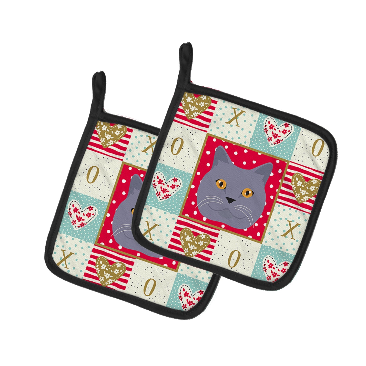 British Shorthair Cat Love Pot Holder Set of 2 Heat Resistant Quilted Hot Pads 7.5 x 7.5 Inch, Insulated Kitchen Trivets for Cooking & Baking