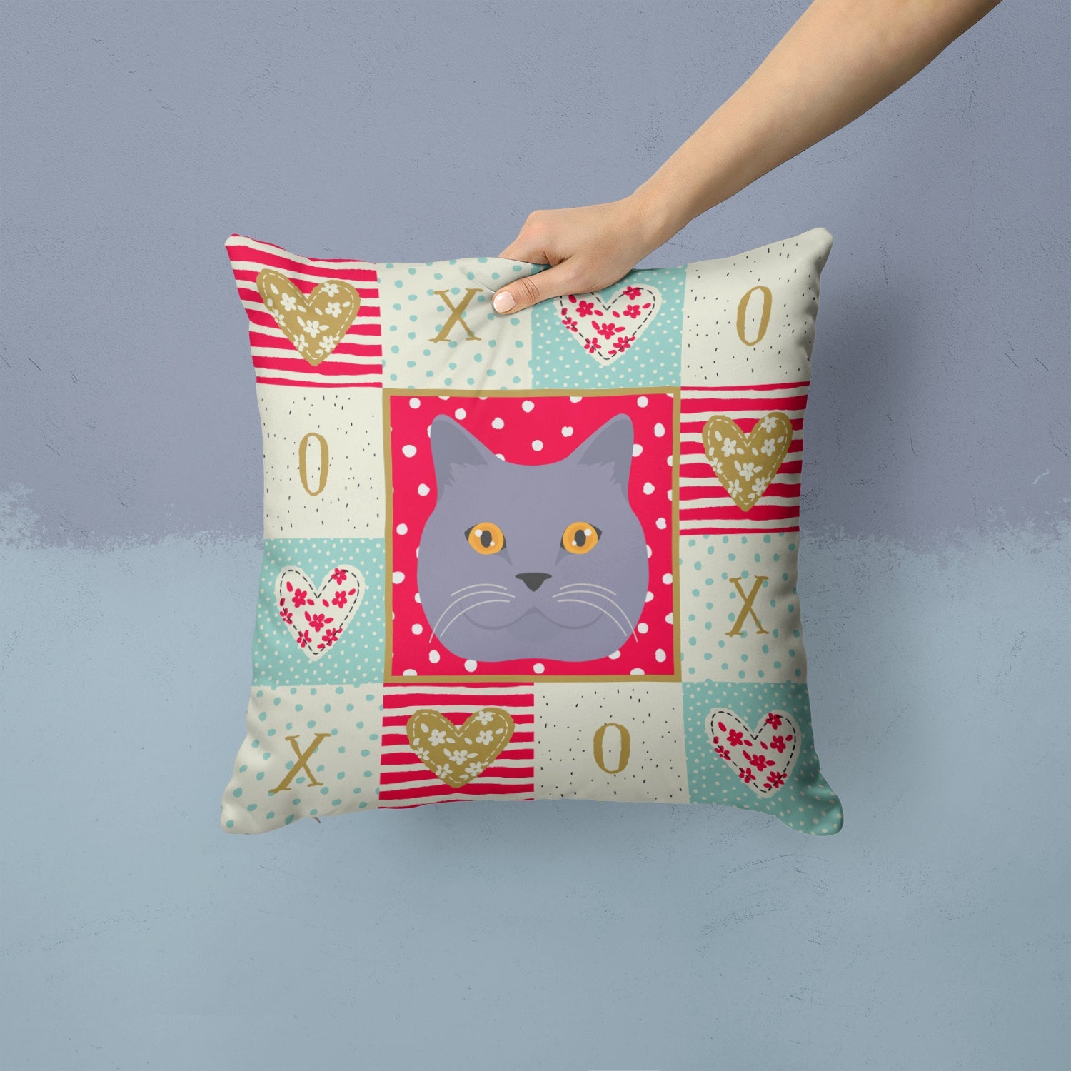British Shorthair Cat Love Decorative Throw Pillow 14x14 Indoor Outdoor Accent Cushion, Fabric Cover with Insert for Sofa, Bed, Porch & Living Room