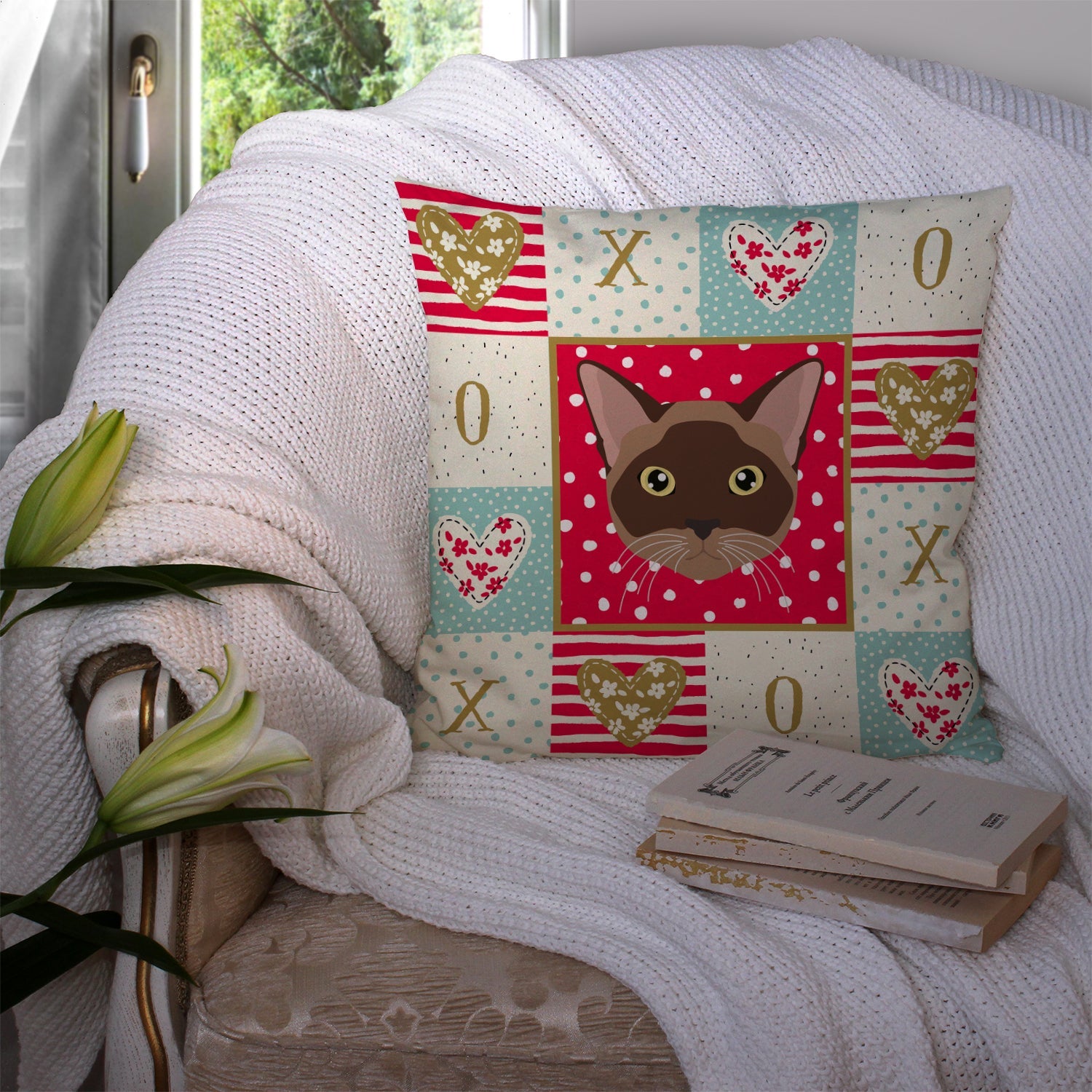 Burmese Cat Love Decorative Throw Pillow 14x14 Indoor Outdoor Accent Cushion, Fabric Cover with Insert for Sofa, Bed, Porch & Living Room