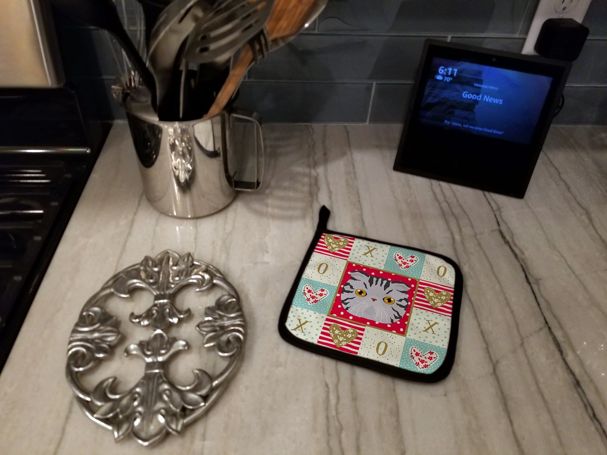 Foldex Exotic Fold Cat Love Pot Holder Set of 2 Heat Resistant Quilted Hot Pads 7.5 x 7.5 Inch, Insulated Kitchen Trivets for Cooking & Baking