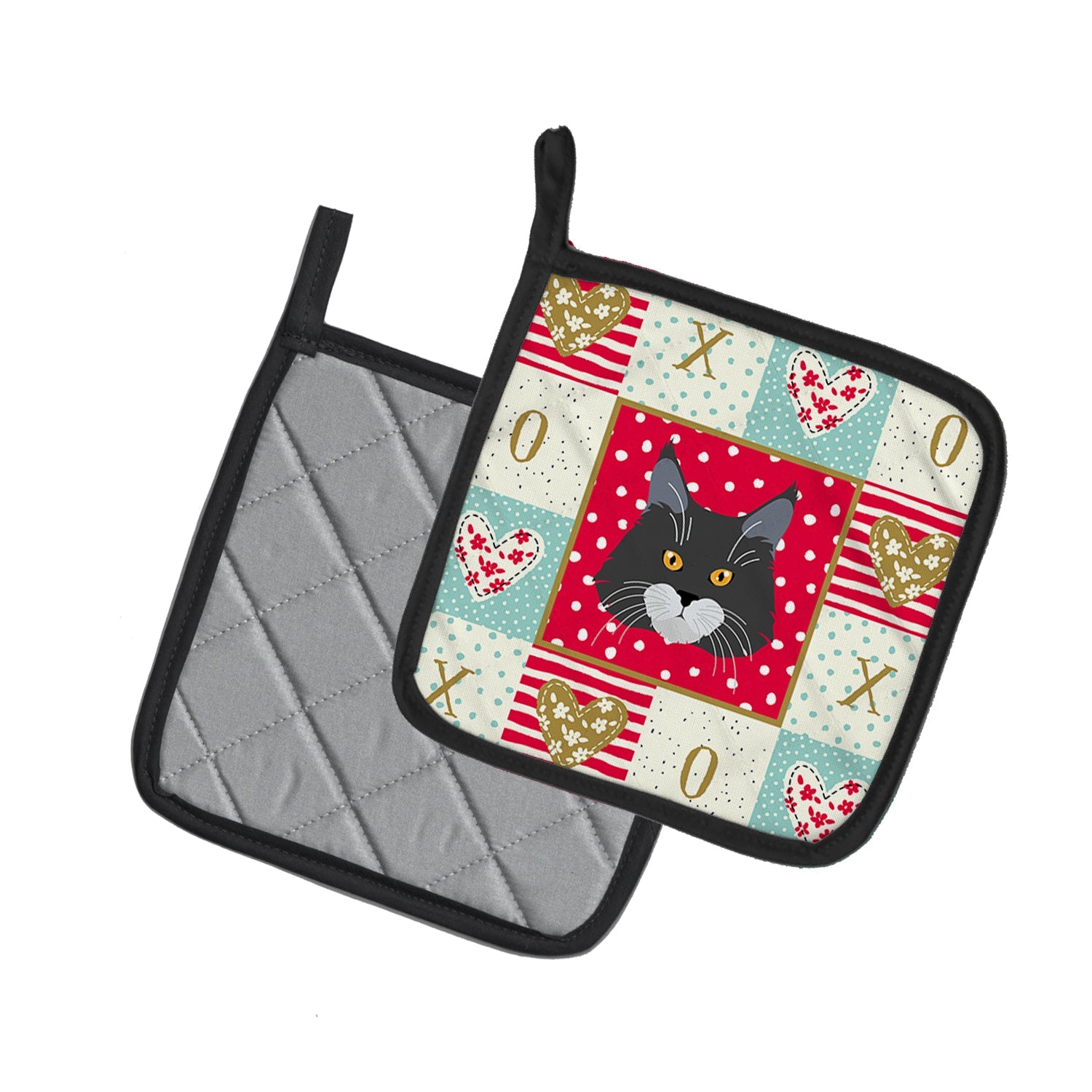 Maine Coon Cat Love Pot Holder Set of 2 Heat Resistant Quilted Hot Pads 7.5 x 7.5 Inch, Insulated Kitchen Trivets for Cooking & Baking
