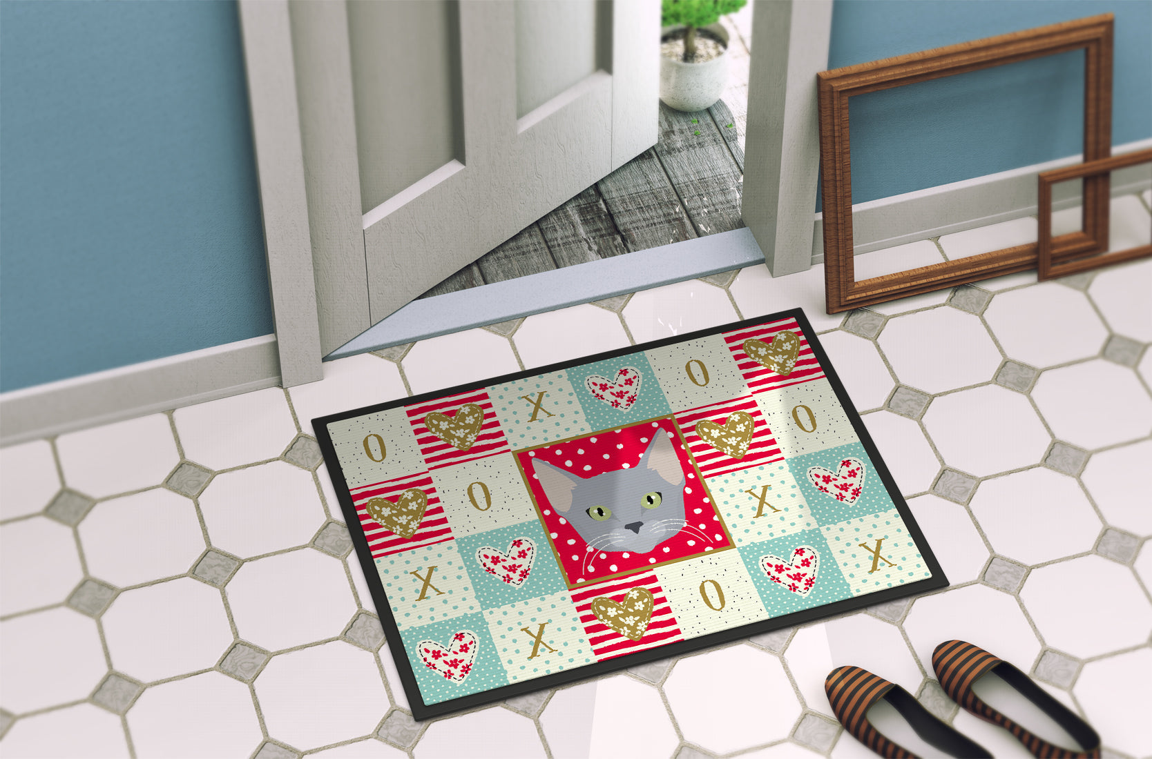 Russian Blue Cat Love Doormat Indoor Outdoor 18H X 27W Front Door Mat Rugs for Entryway, Non Slip Washable