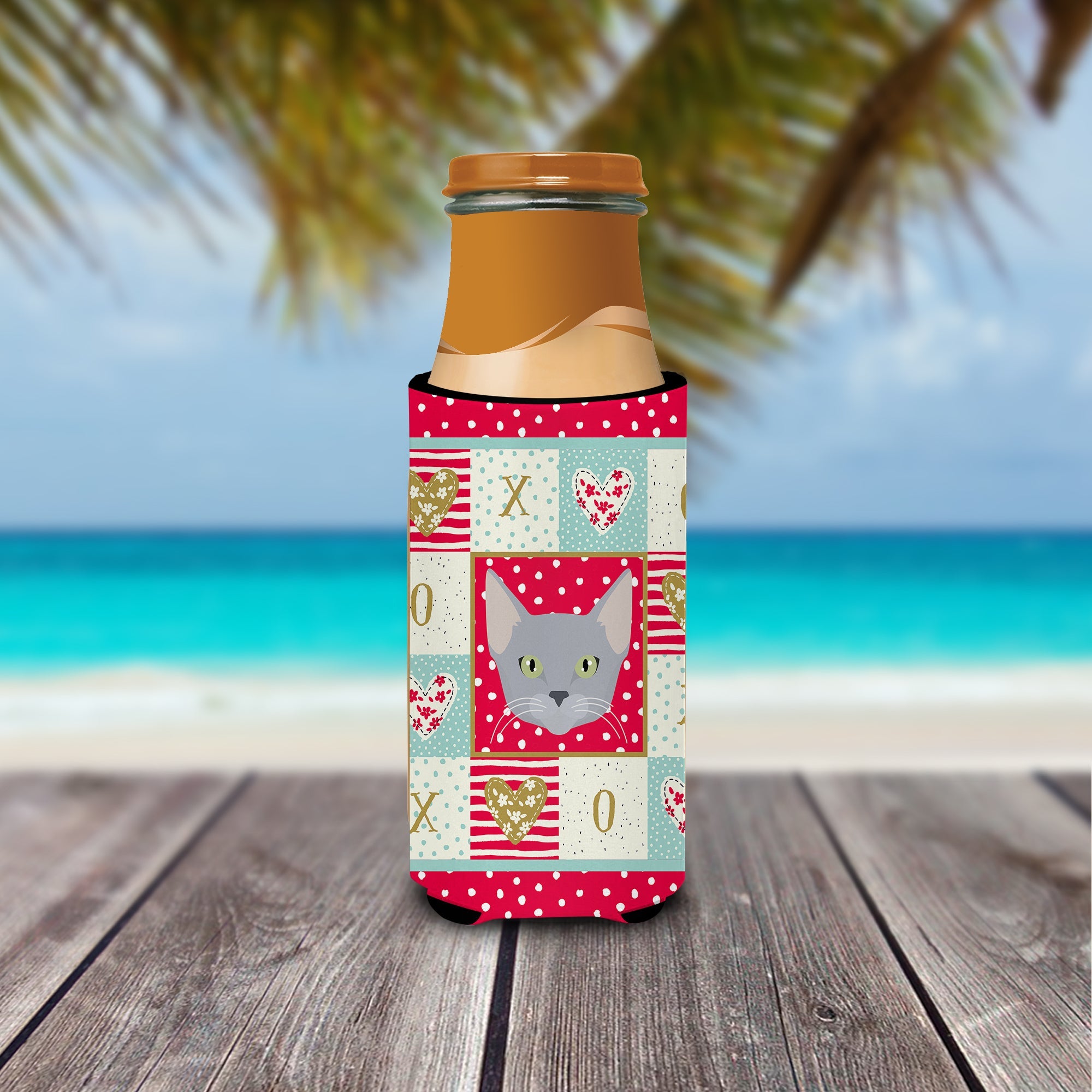 Russian Blue Cat Love Slim Can Hugger , Insulated Foam Hugger for 12 oz Slim Cans, Beer Bottles & Water Bottles, Printed in USA