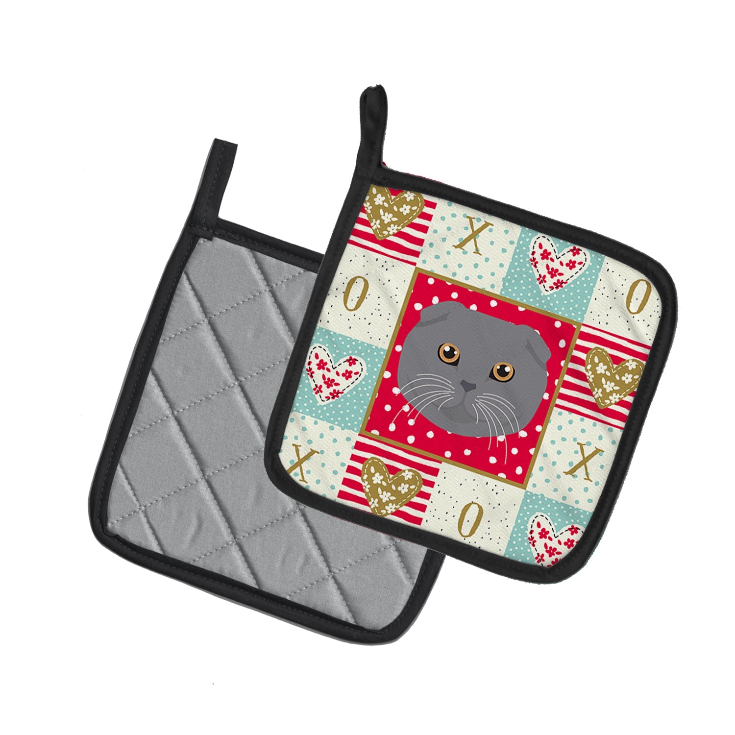 Scottish Fold Cat Love Pot Holder Set of 2 Heat Resistant Quilted Hot Pads 7.5 x 7.5 Inch, Insulated Kitchen Trivets for Cooking & Baking