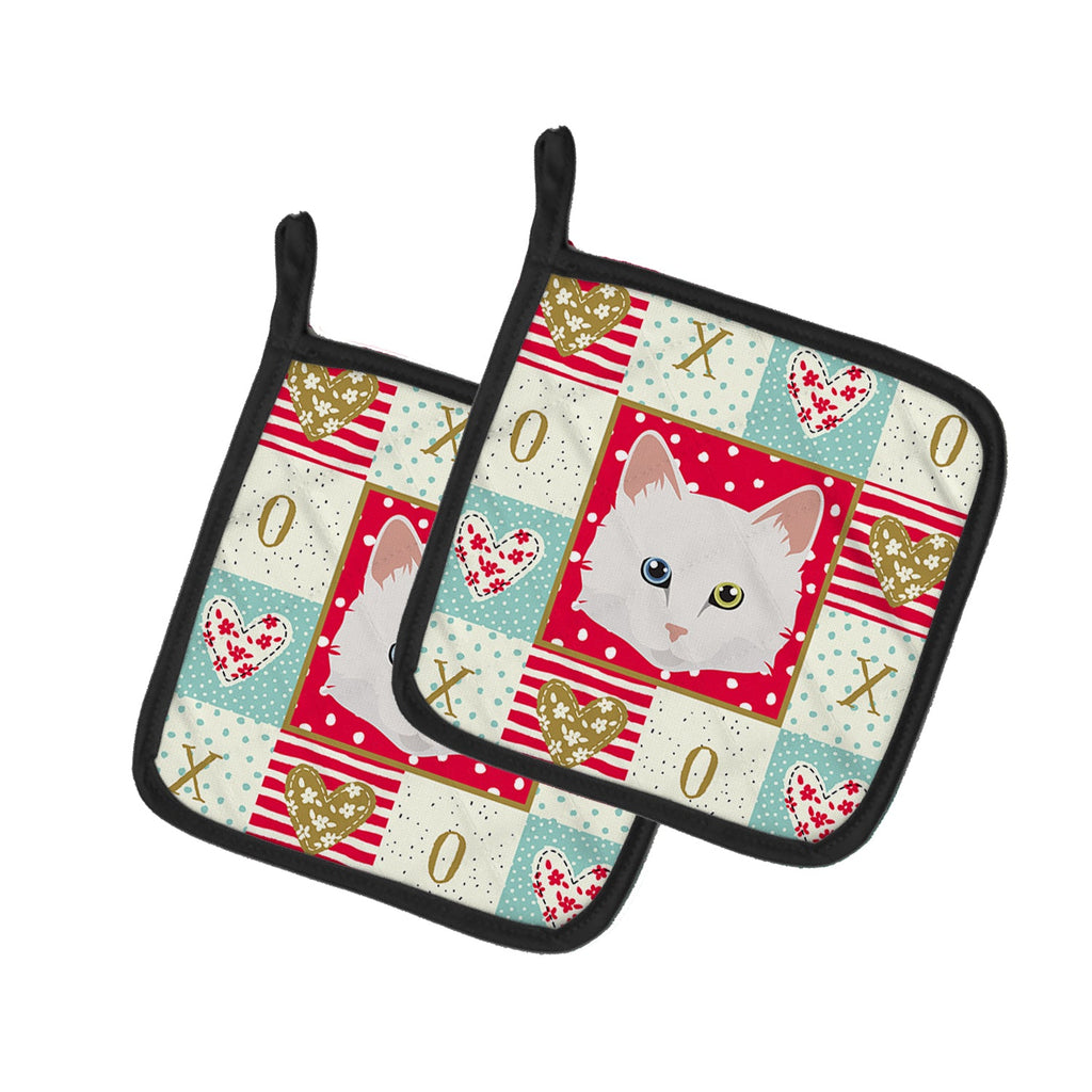 Turkish Angora Cat Love Pot Holder Set of 2 Heat Resistant Quilted Hot Pads 7.5 x 7.5 Inch, Insulated Kitchen Trivets for Cooking & Baking