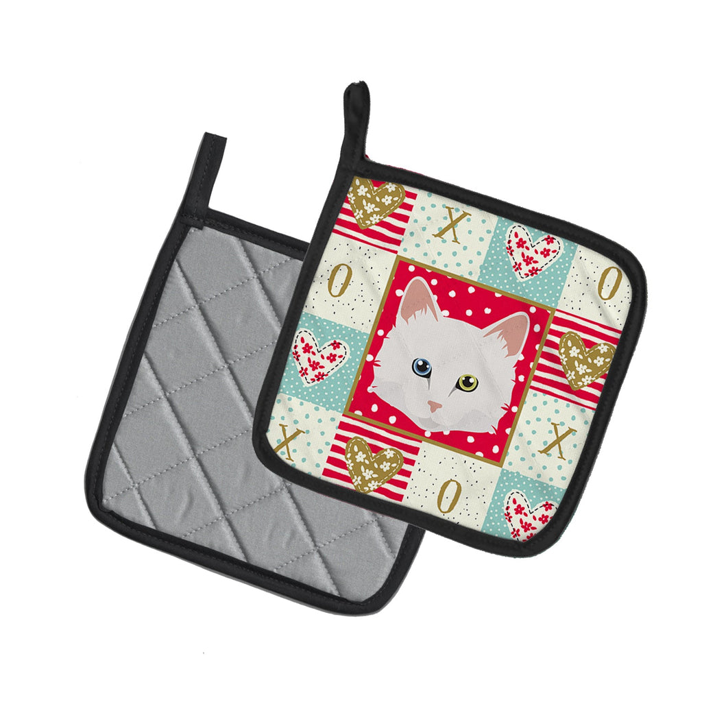 Turkish Angora Cat Love Pot Holder Set of 2 Heat Resistant Quilted Hot Pads 7.5 x 7.5 Inch, Insulated Kitchen Trivets for Cooking & Baking