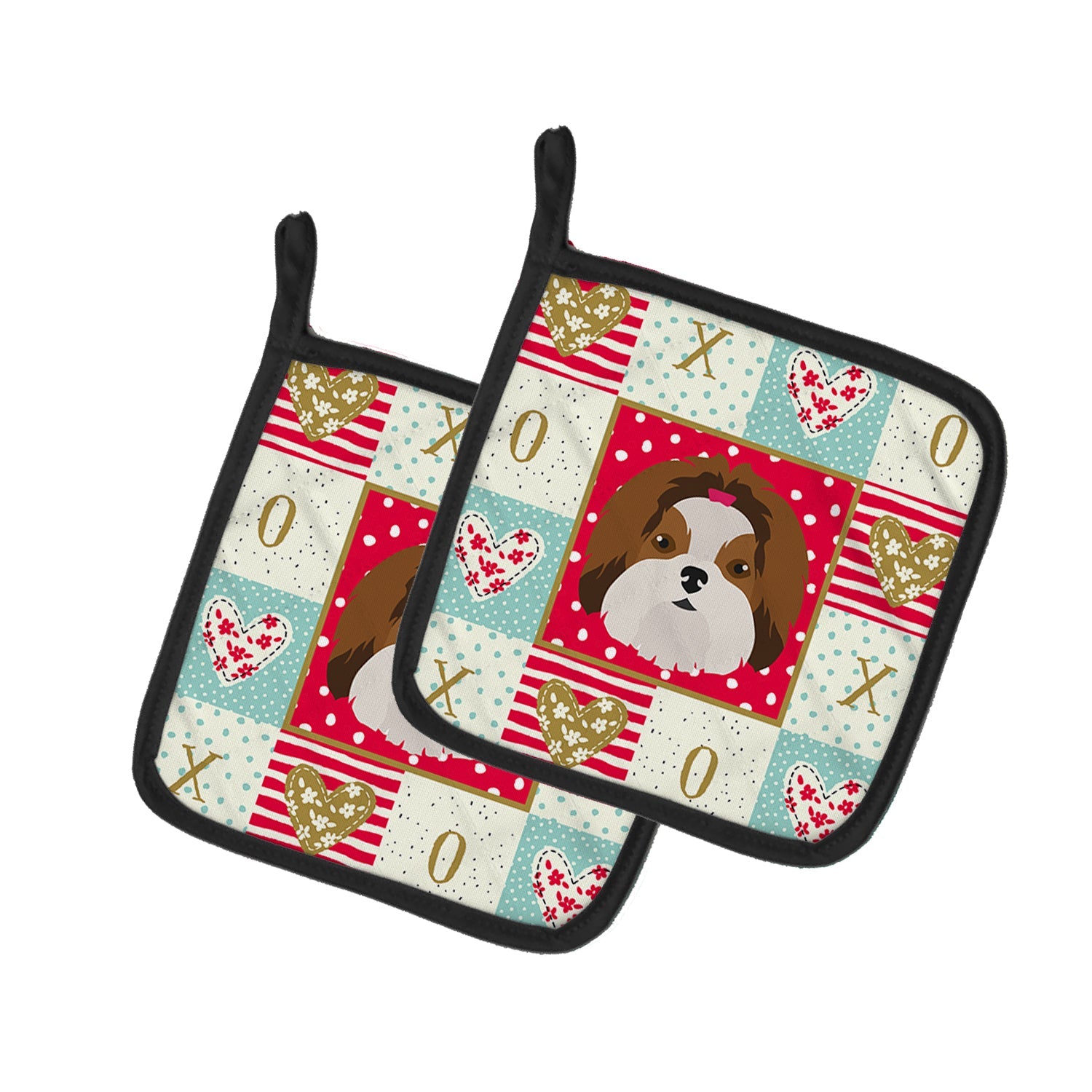Imperial Shih Tzu Love Pot Holder Set of 2 Heat Resistant Quilted Hot Pads 7.5 x 7.5 Inch, Insulated Kitchen Trivets for Cooking & Baking