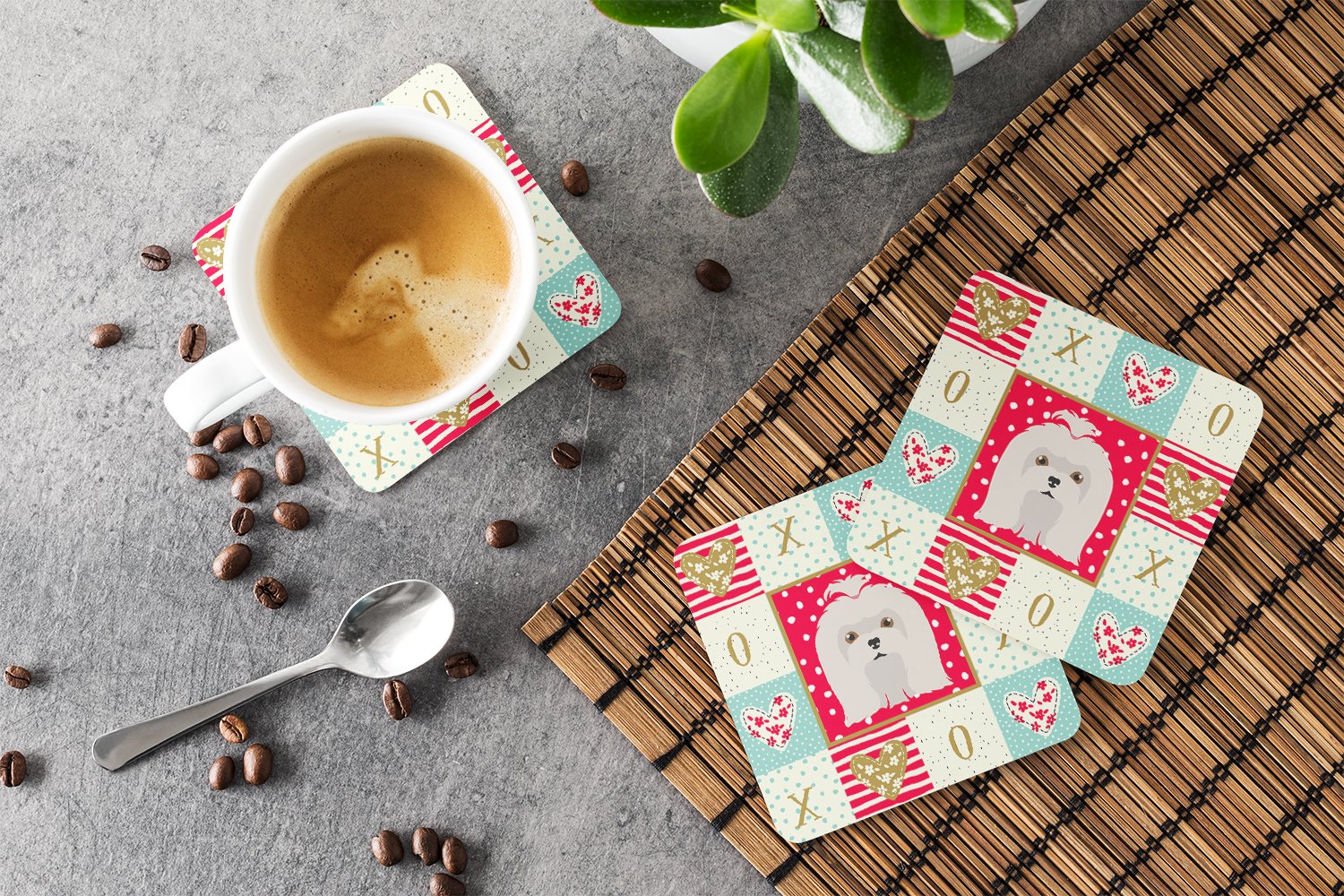 Maltese Love Foam Coasters Set of 4 Cup Coasters for Indoor Outdoor, Tabletop Protection, Anti Slip, Mouse pad Material