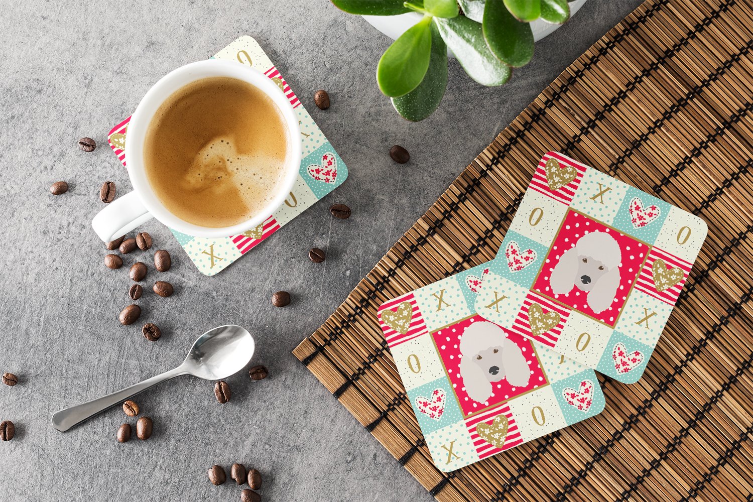 Poodle Love Foam Coasters Set of 4 Cup Coasters for Indoor Outdoor, Tabletop Protection, Anti Slip, Mouse pad Material