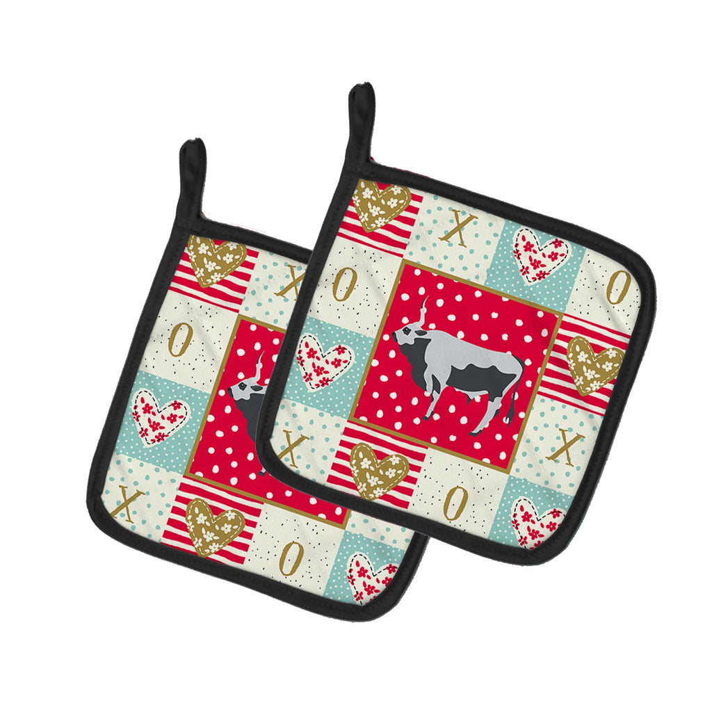 Hungarian Grey Steppe Cow Love Pot Holder Set of 2 Heat Resistant Quilted Hot Pads 7.5 x 7.5 Inch, Insulated Kitchen Trivets for Cooking & Baking
