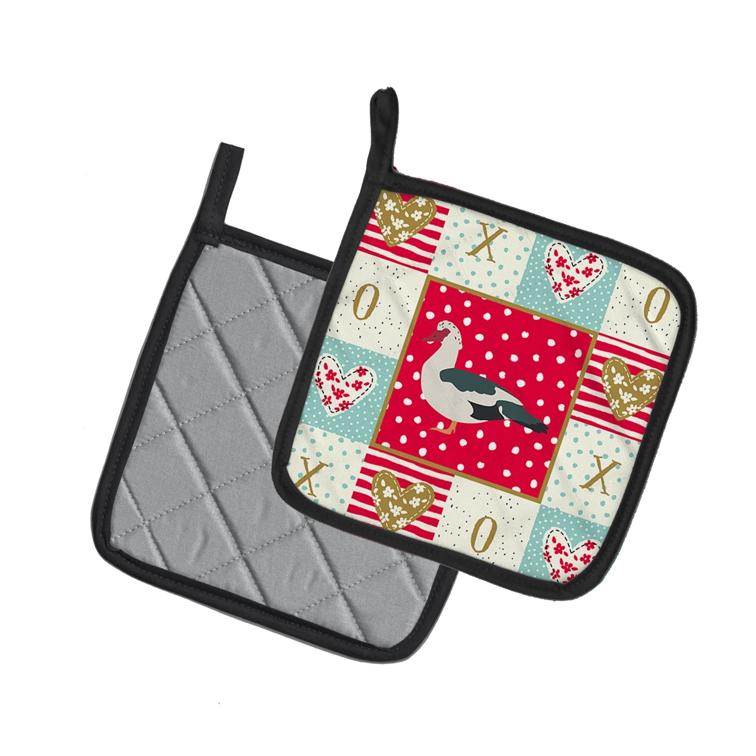 Muscovy Duck Love Pot Holder Set of 2 Heat Resistant Quilted Hot Pads 7.5 x 7.5 Inch, Insulated Kitchen Trivets for Cooking & Baking