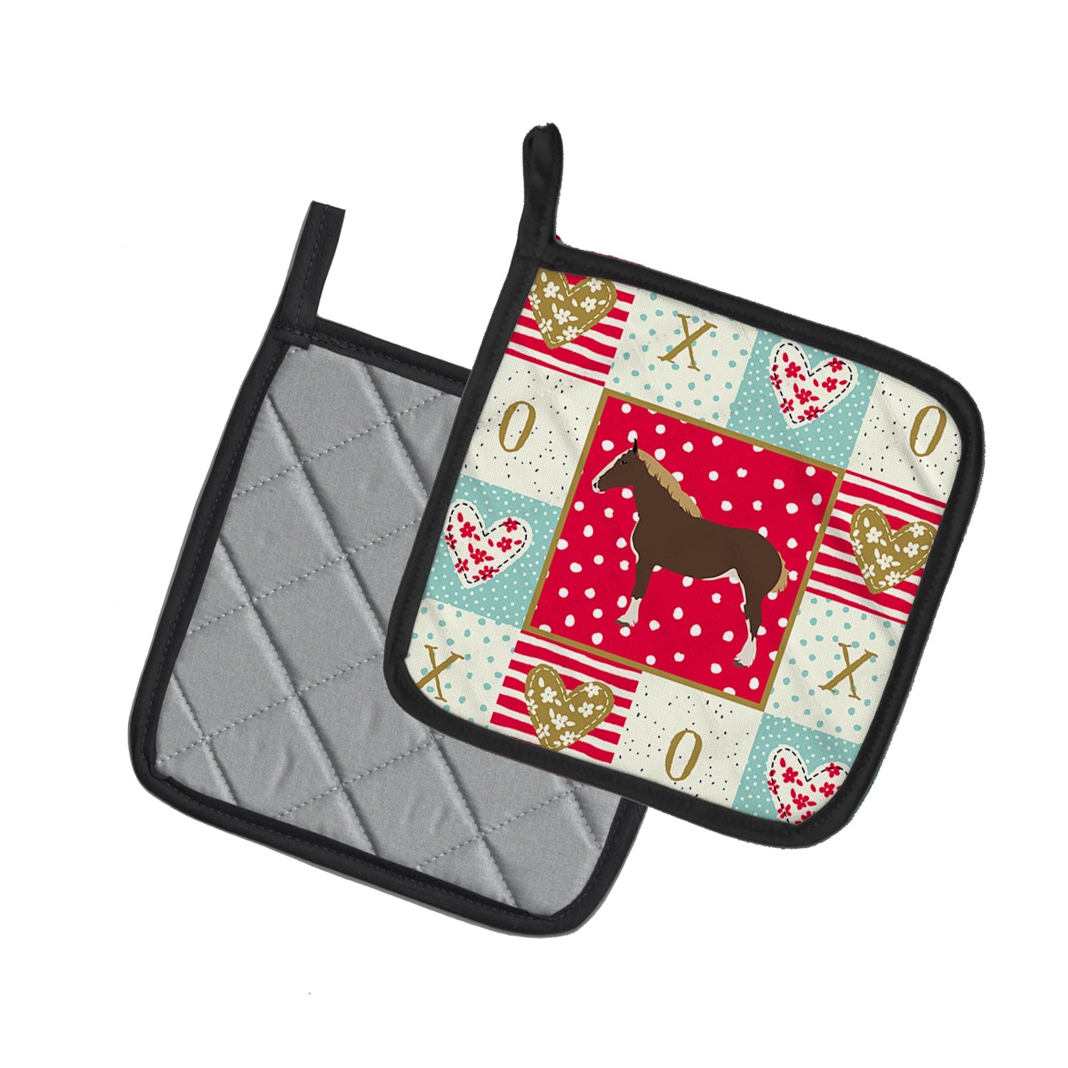 Percheron Horse Love Pot Holder Set of 2 Heat Resistant Quilted Hot Pads 7.5 x 7.5 Inch, Insulated Kitchen Trivets for Cooking & Baking