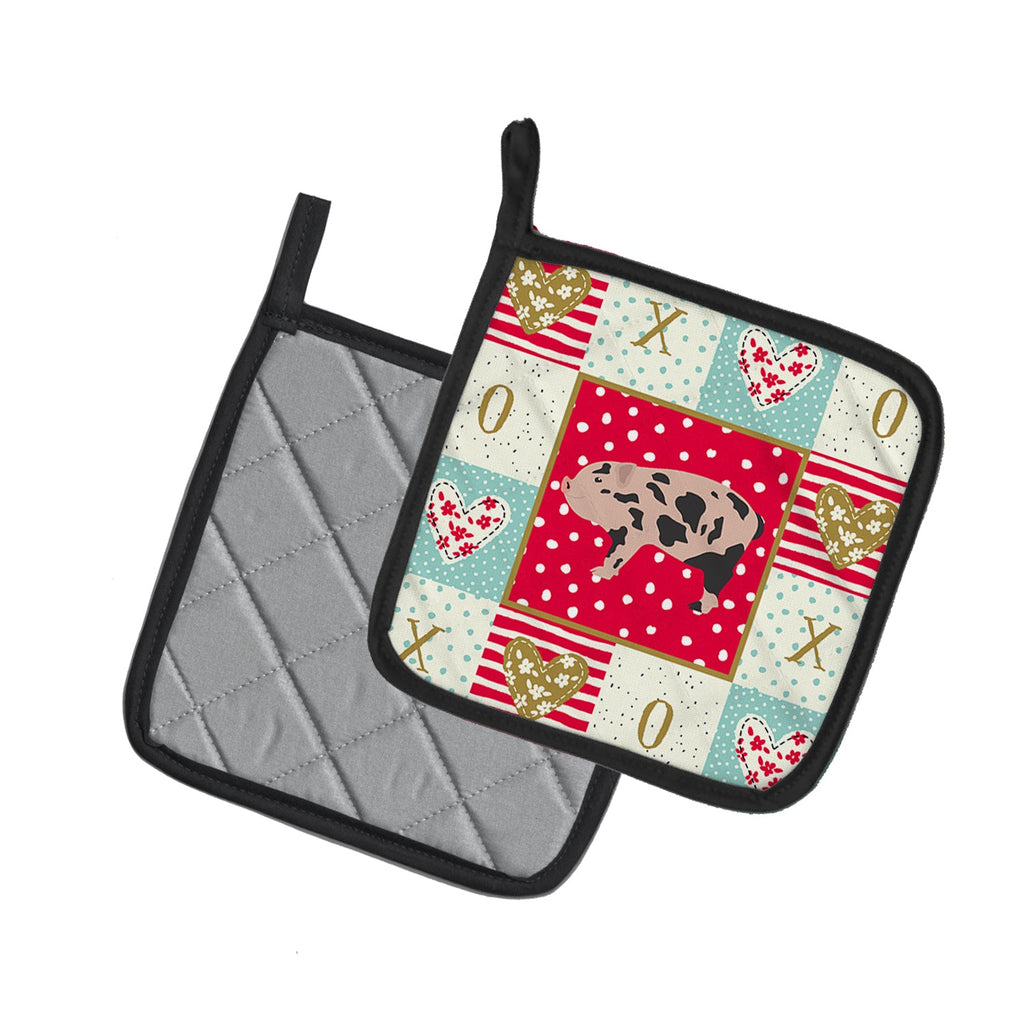 Mini Miniature Pig Love Pot Holder Set of 2 Heat Resistant Quilted Hot Pads 7.5 x 7.5 Inch, Insulated Kitchen Trivets for Cooking & Baking