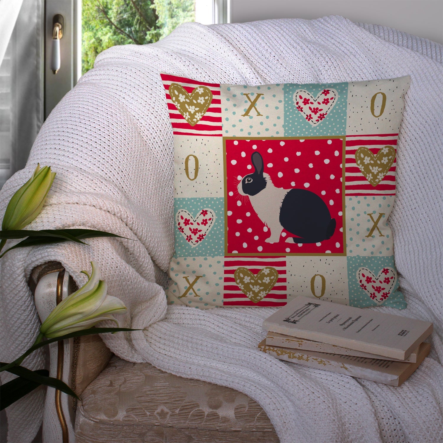 Dutch Rabbit Love Decorative Throw Pillow 14x14 Indoor Outdoor Accent Cushion, Fabric Cover with Insert for Sofa, Bed, Porch & Living Room