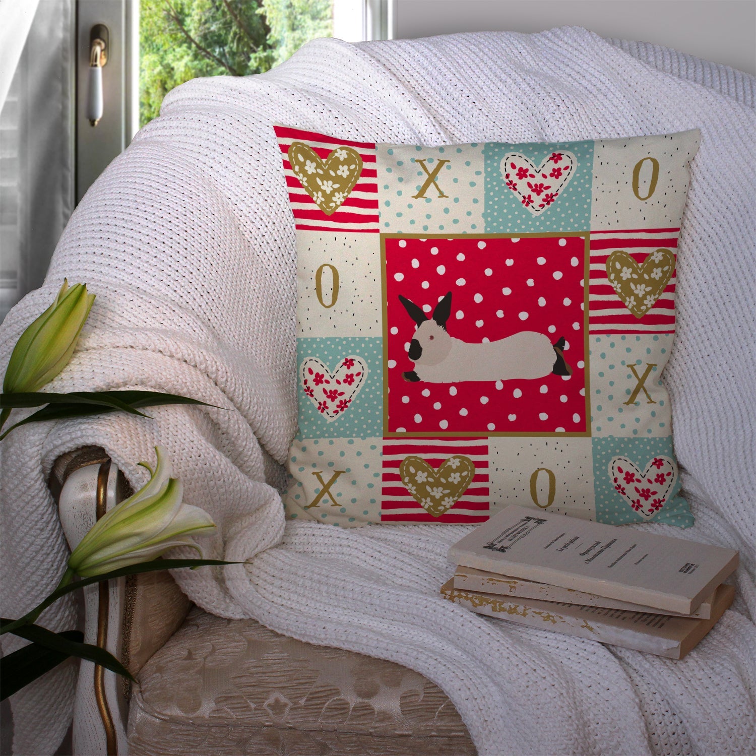 California White Rabbit Love Decorative Throw Pillow 14x14 Indoor Outdoor Accent Cushion, Fabric Cover with Insert for Sofa, Bed, Porch & Living Room