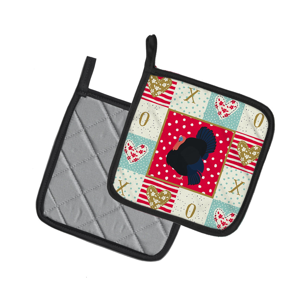 Norfolk Black Turkey Love Pot Holder Set of 2 Heat Resistant Quilted Hot Pads 7.5 x 7.5 Inch, Insulated Kitchen Trivets for Cooking & Baking